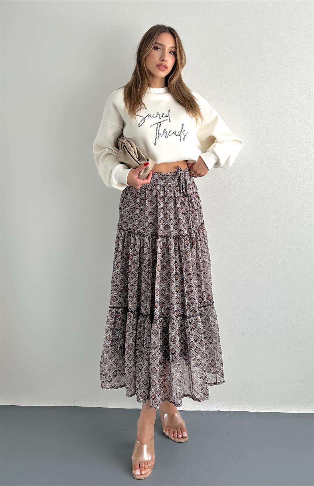 Kemer Detaylı Desenli Midi Etek KAHVERENGİ