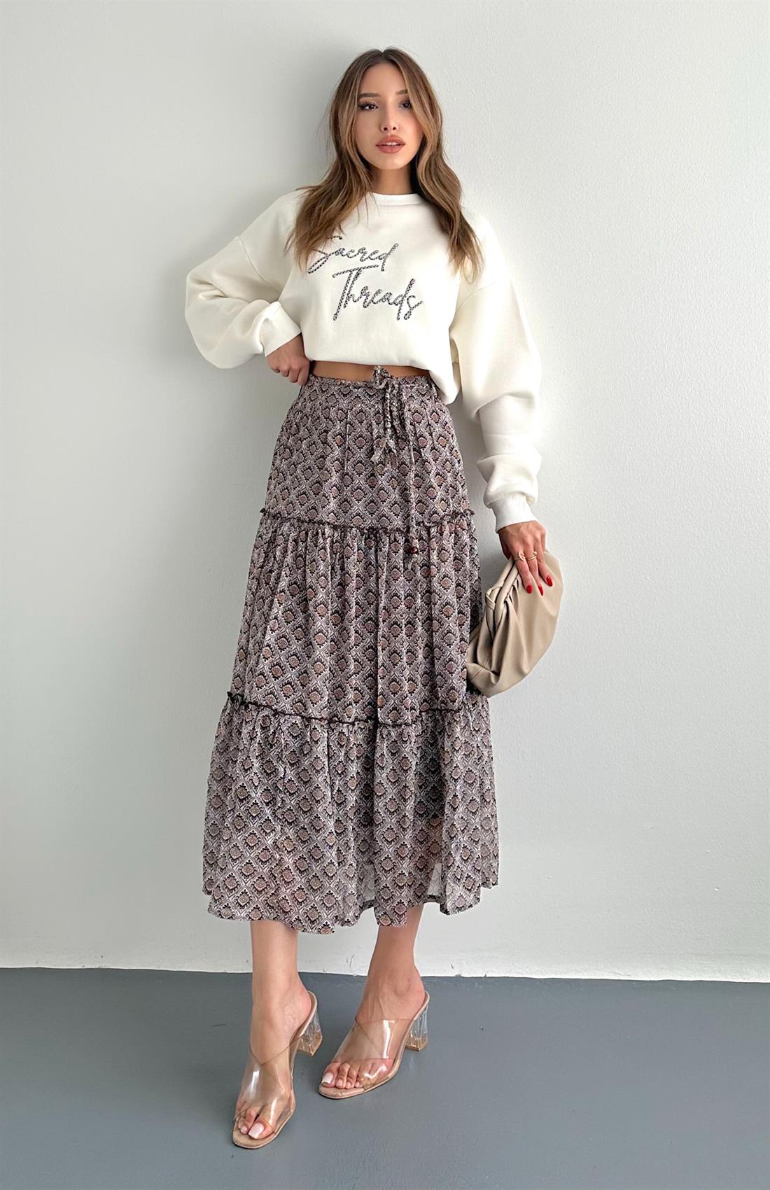 Kemer Detaylı Desenli Midi Etek KAHVERENGİ