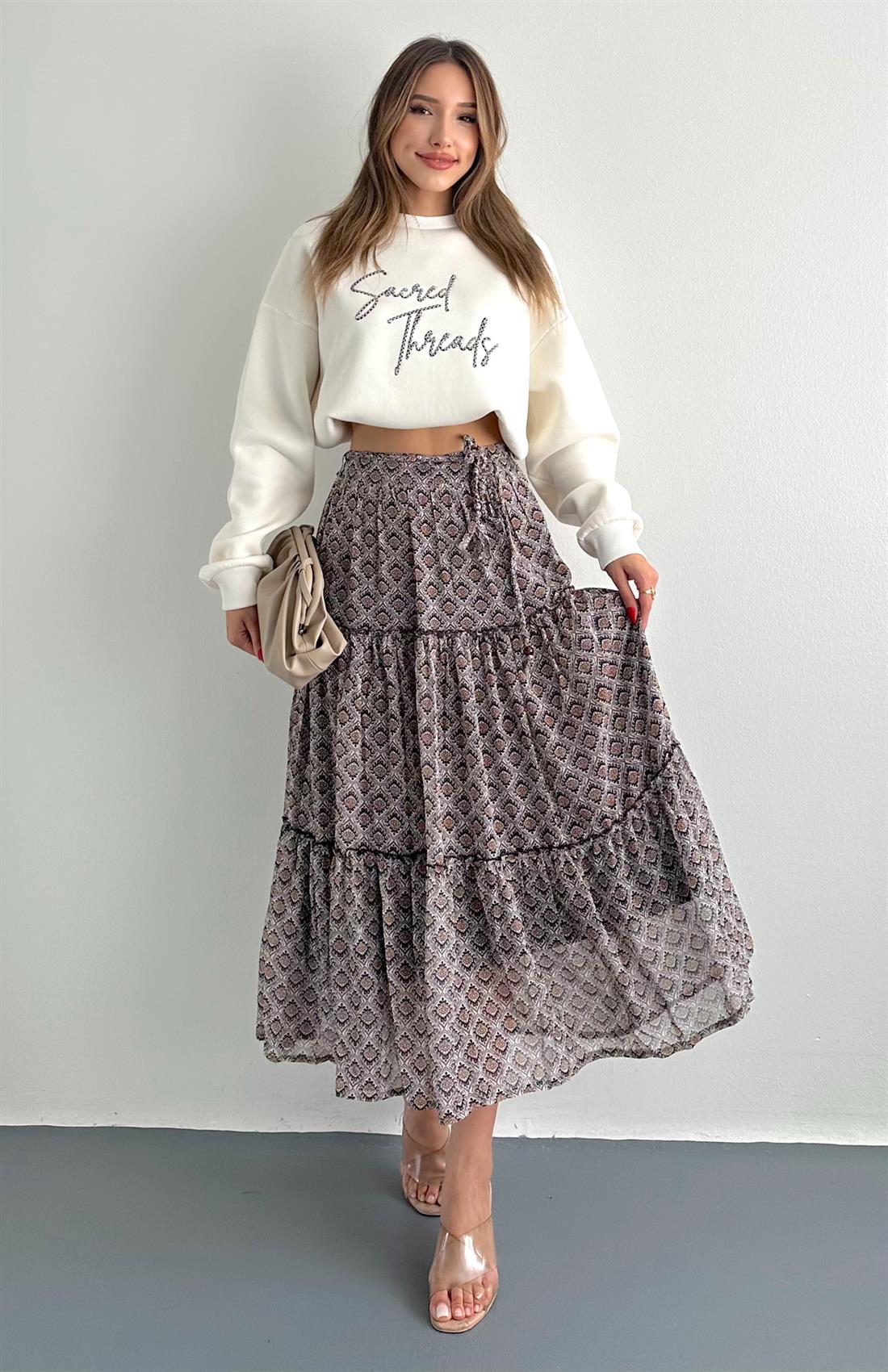 Kemer Detaylı Desenli Midi Etek KAHVERENGİ