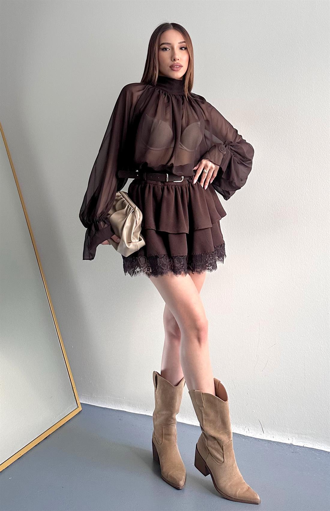 Kemerli Dantel Detaylı Etek KAHVERENGİ