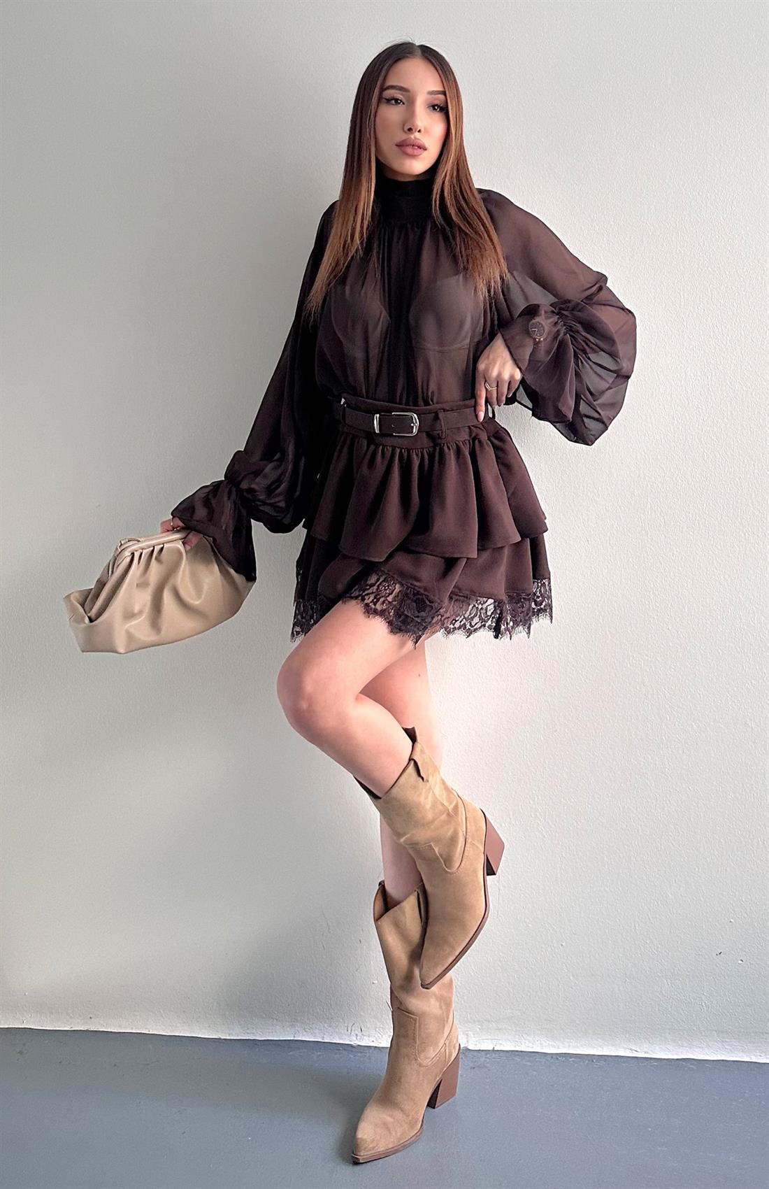 Kemerli Dantel Detaylı Etek KAHVERENGİ