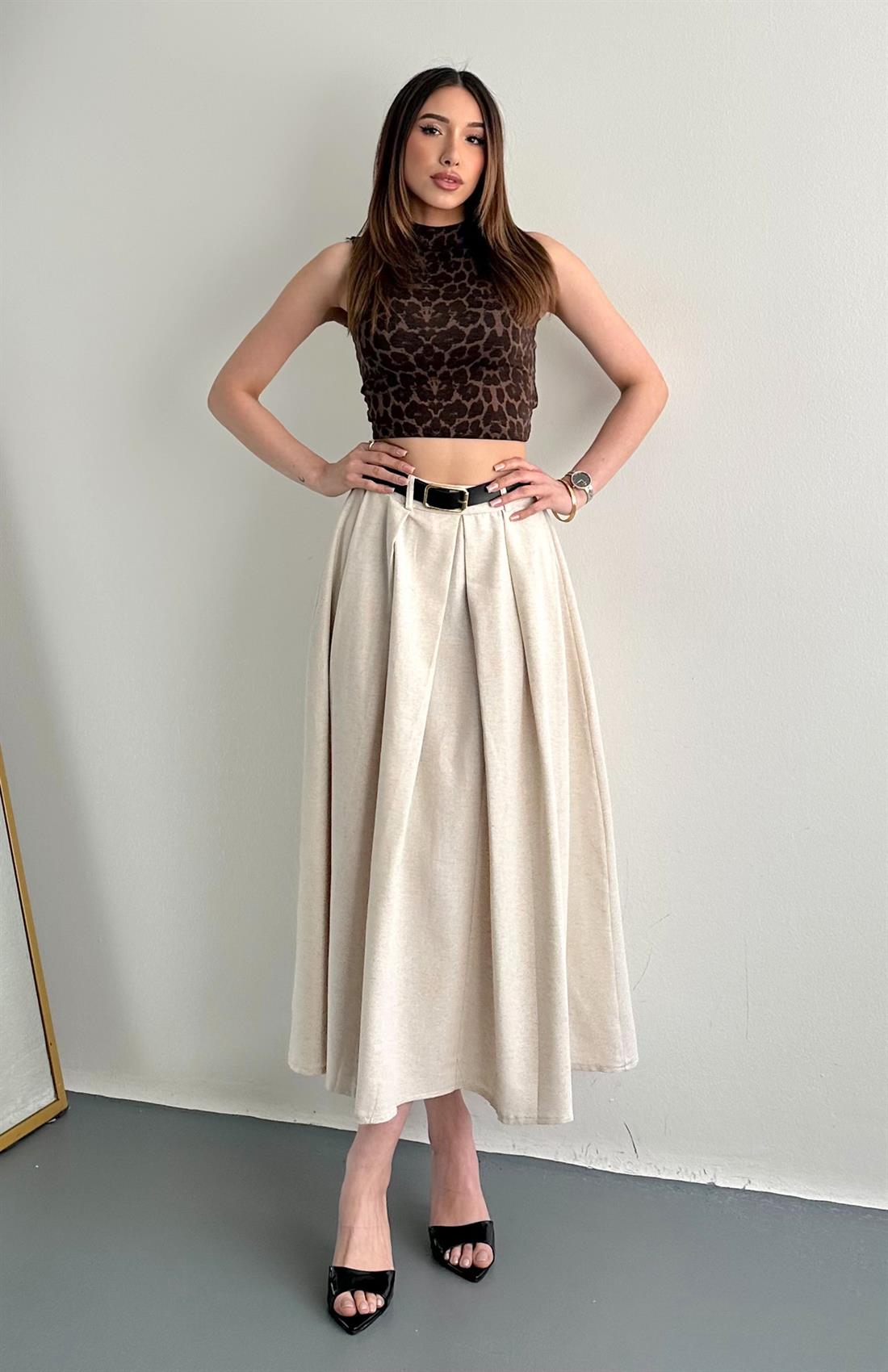 Kemerli Pileli Etek BEJ