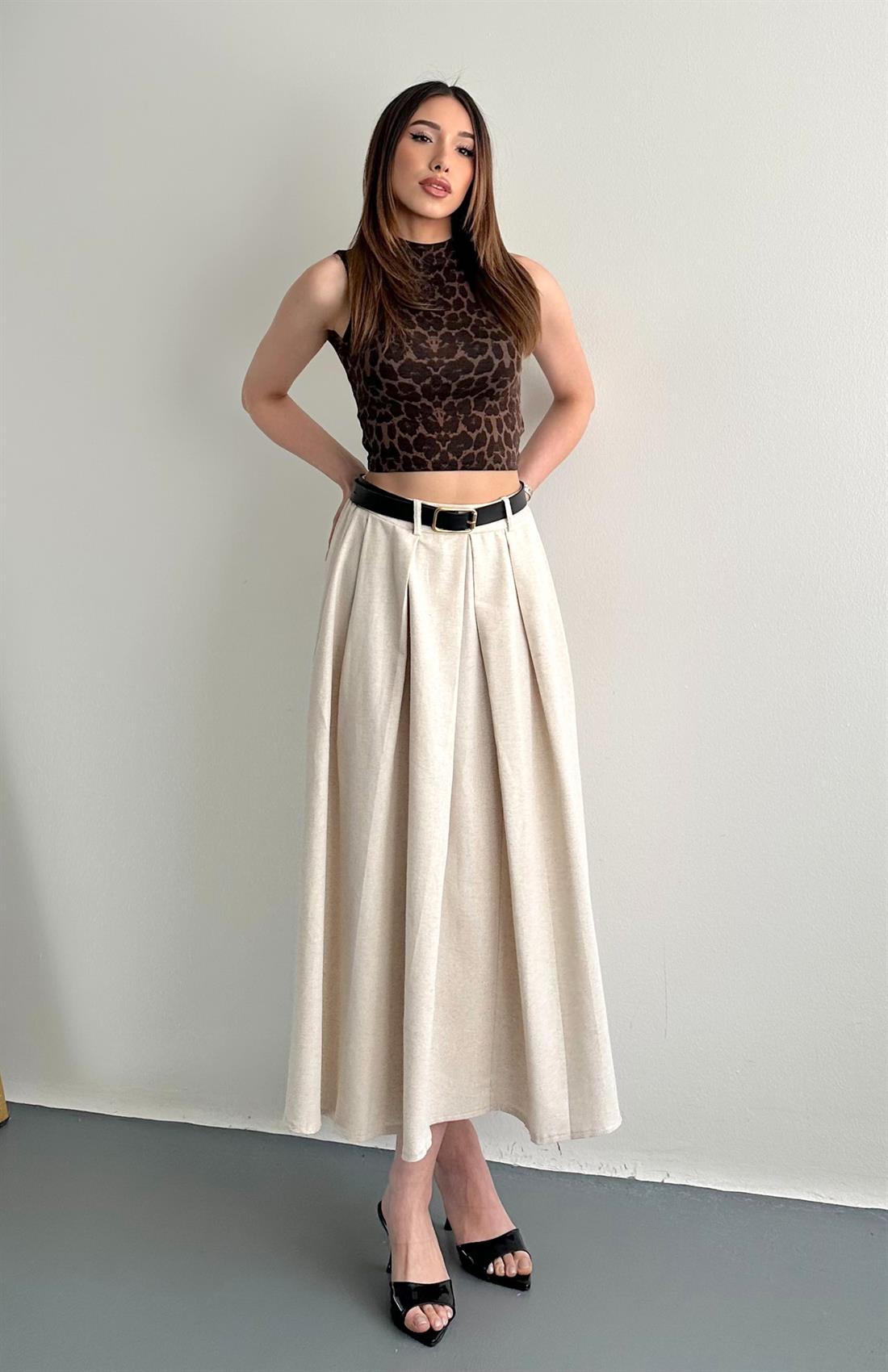 Kemerli Pileli Etek BEJ