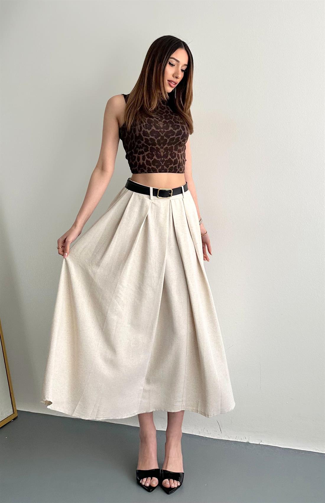 Kemerli Pileli Etek BEJ