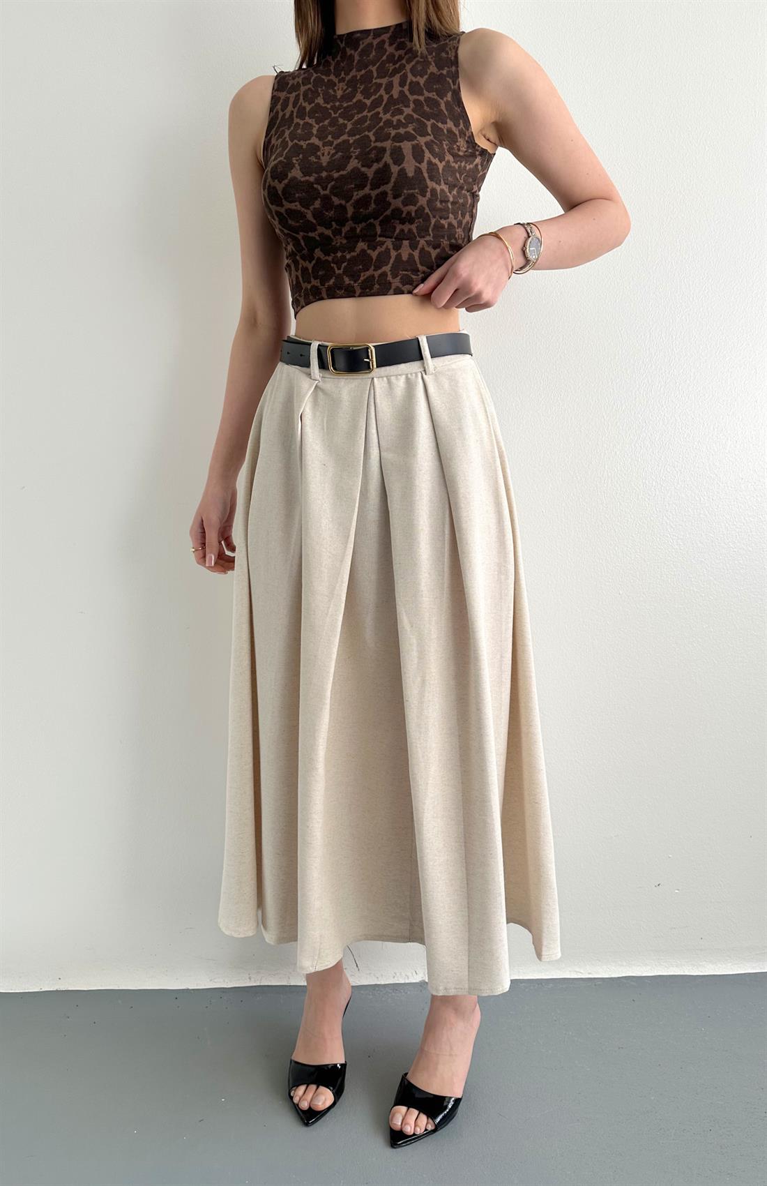 Kemerli Pileli Etek BEJ