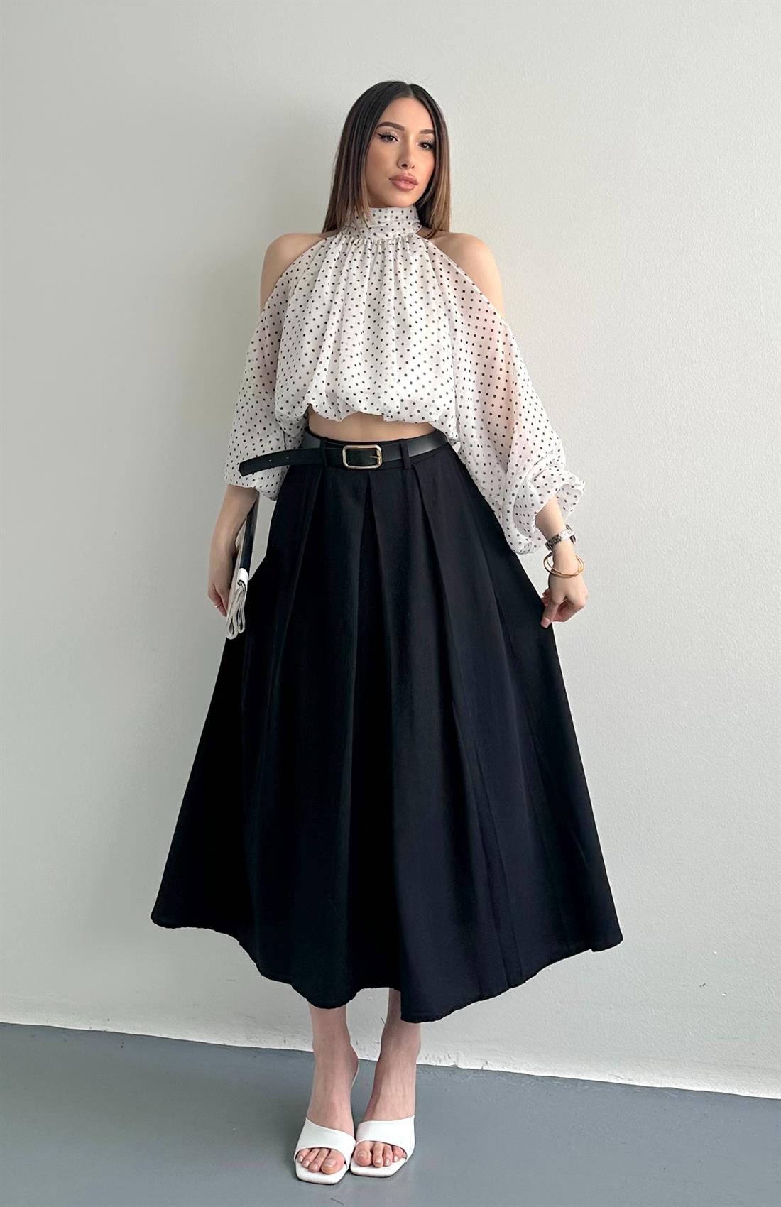 Kemerli Pileli Etek SİYAH