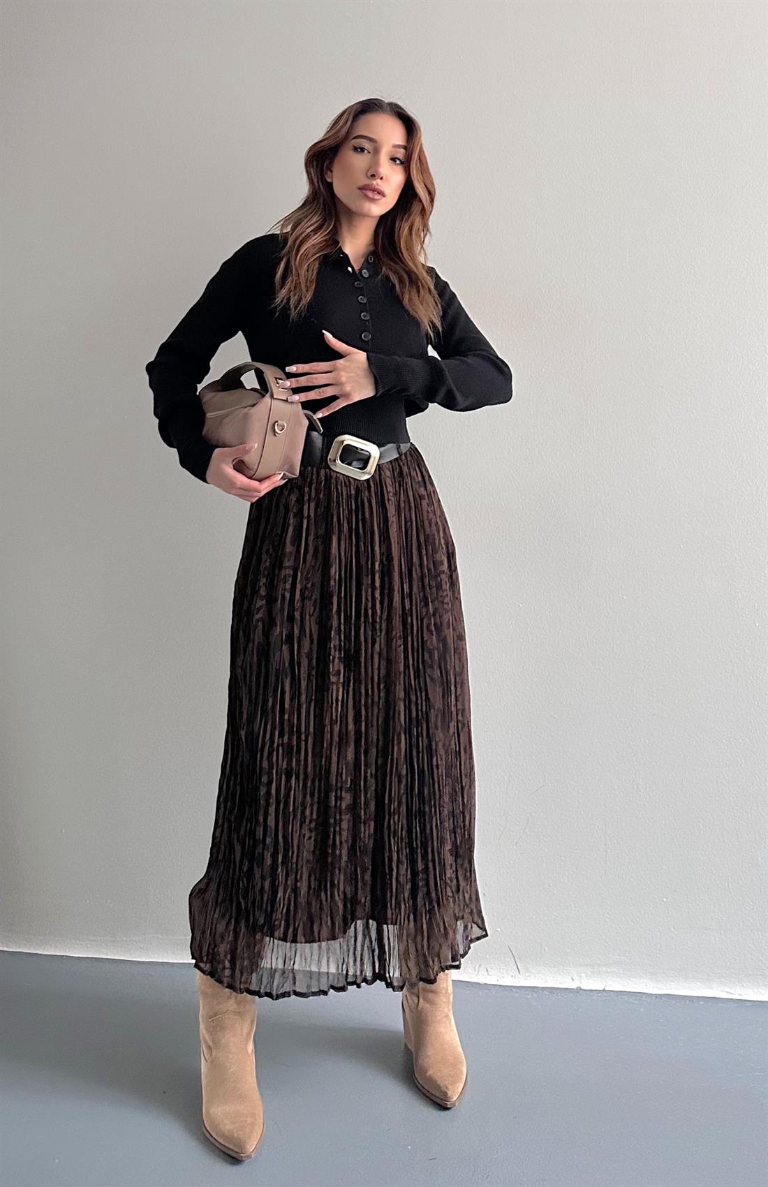 Leopar Desen Kraşli Etek KAHVERENGİ