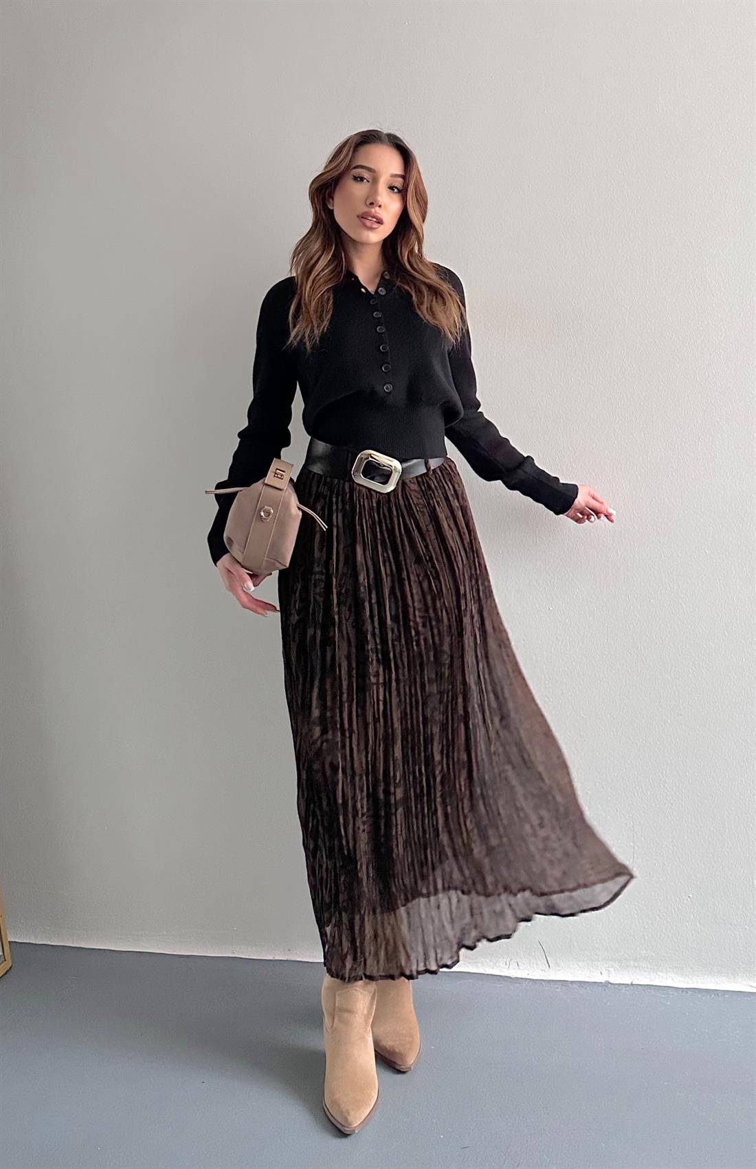 Leopar Desen Kraşli Etek KAHVERENGİ