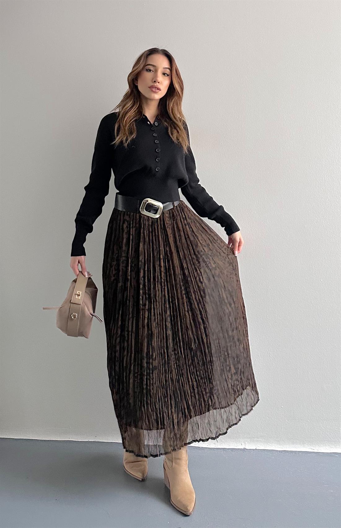 Leopar Desen Kraşli Etek KAHVERENGİ