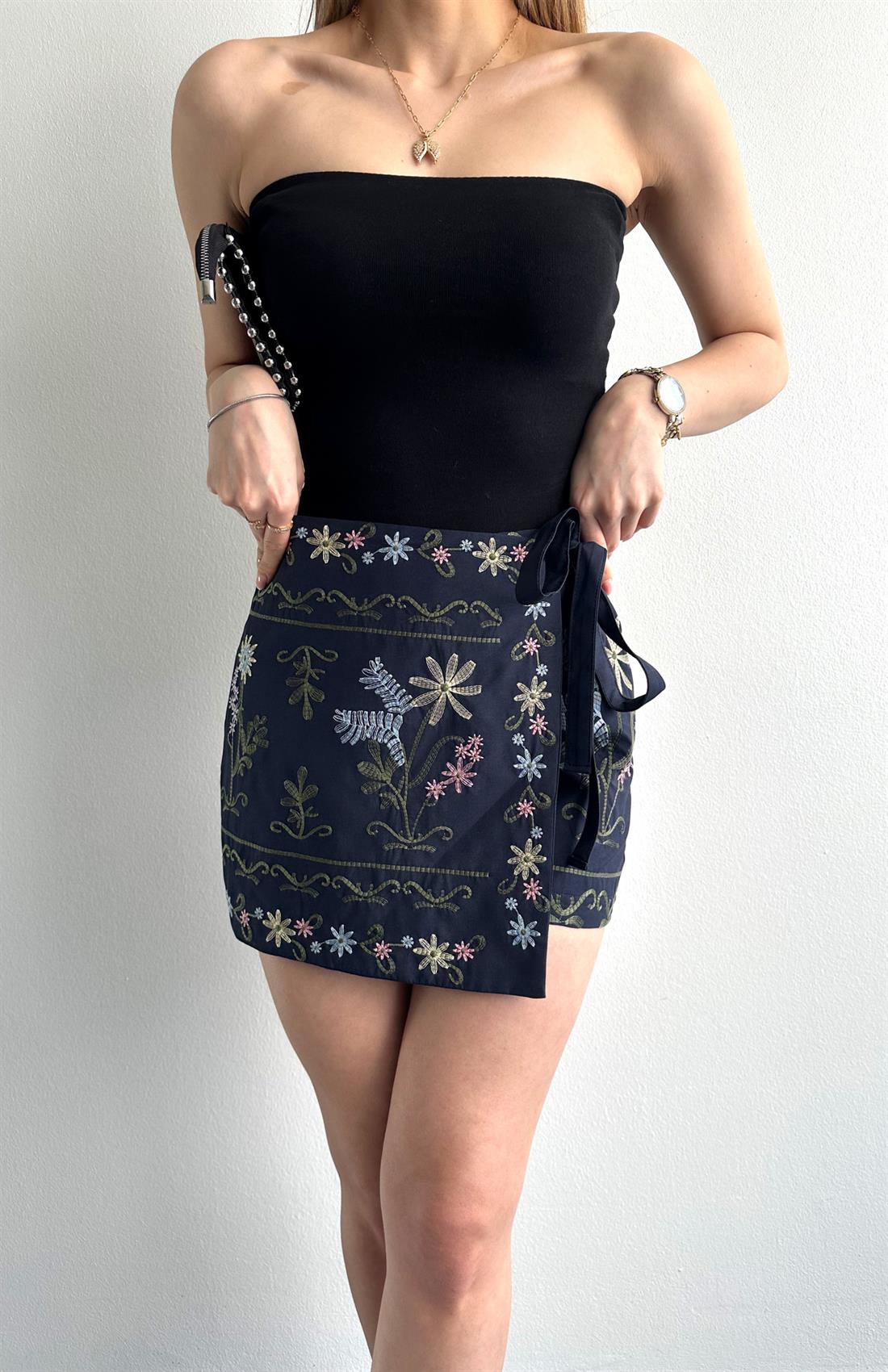 Nakişlı Kruvaze Etek LACİVERT