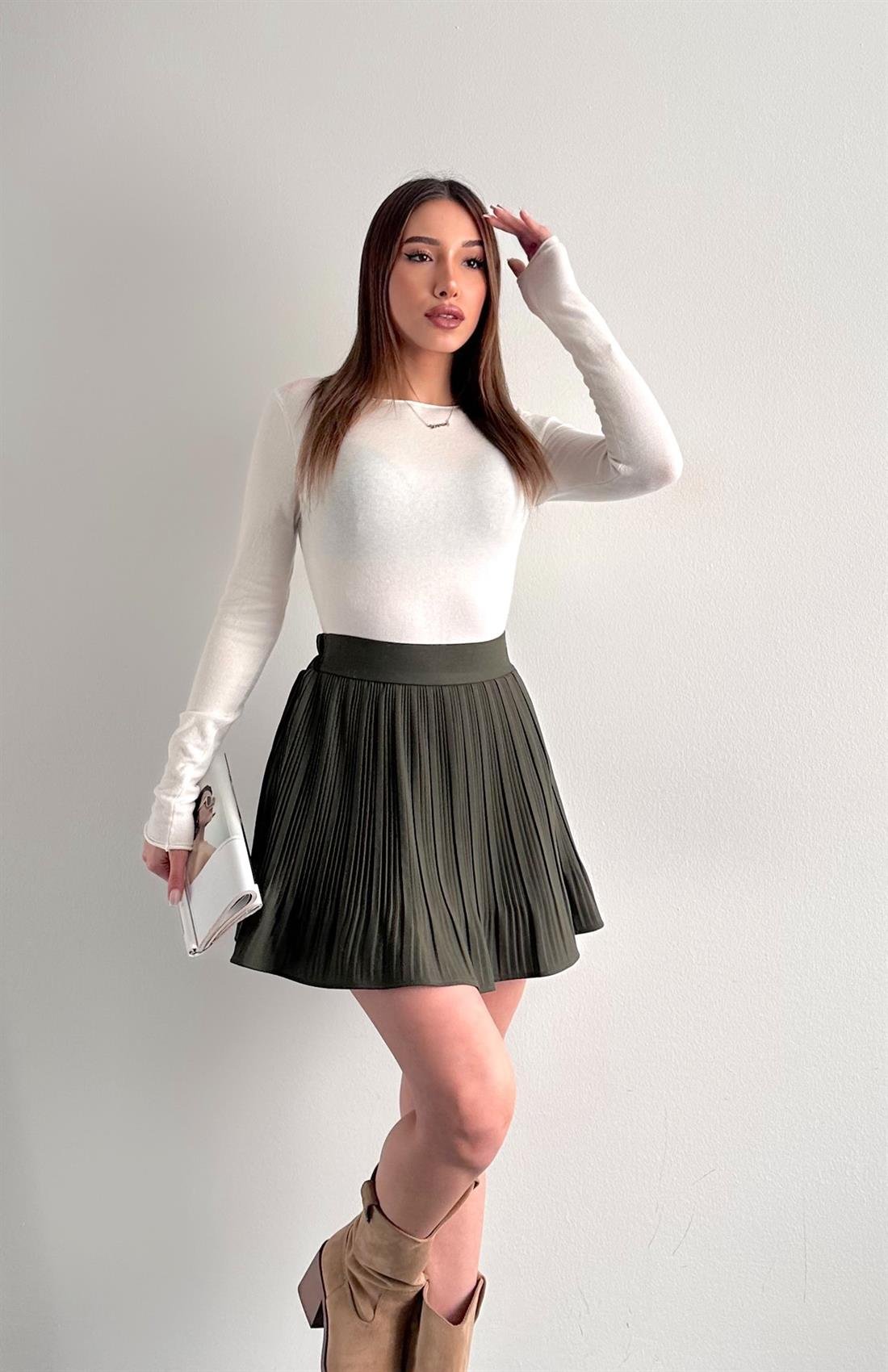 Pile Detaylı Etek HAKİ