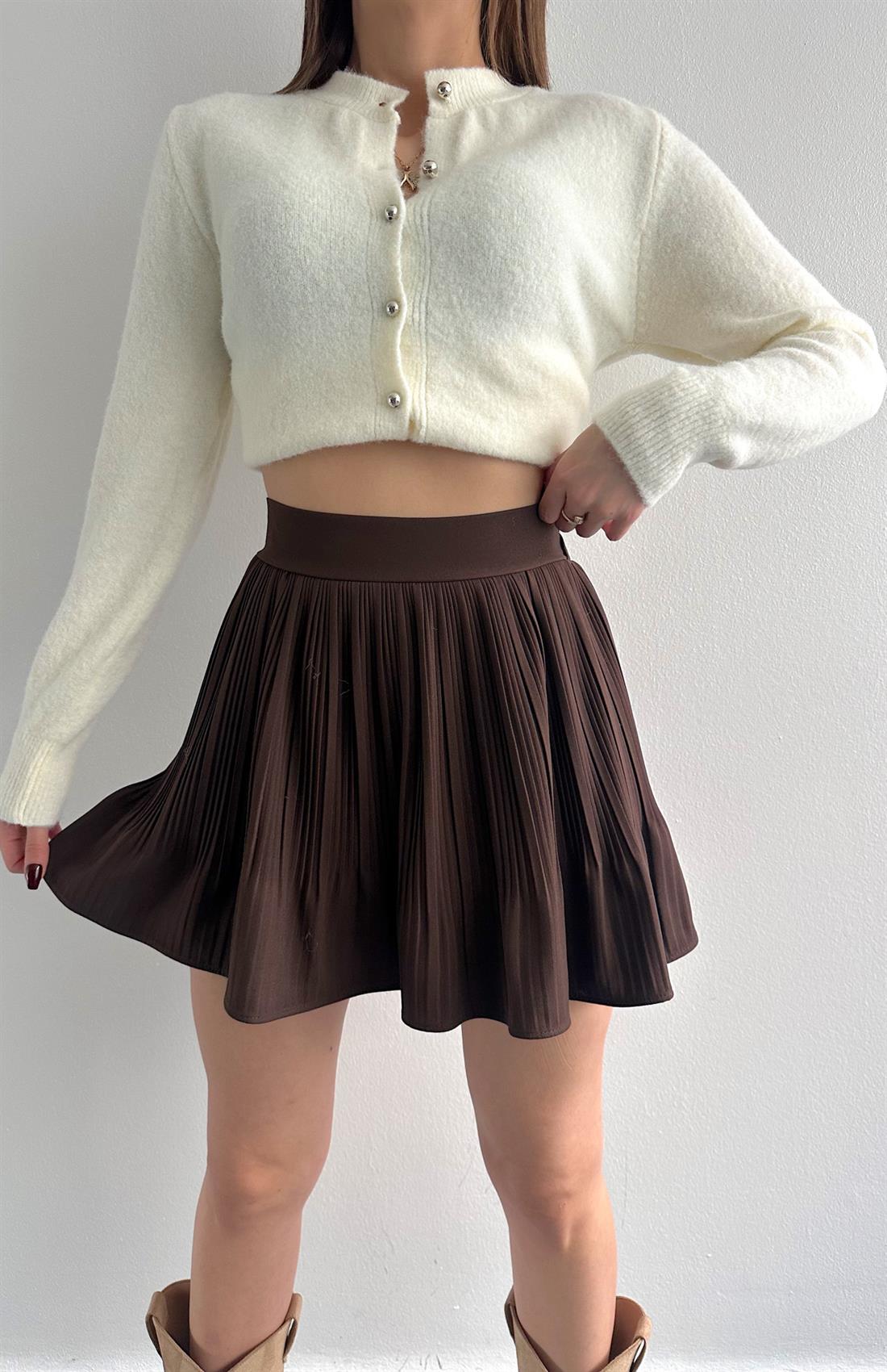 Pile Detaylı Etek KAHVERENGİ