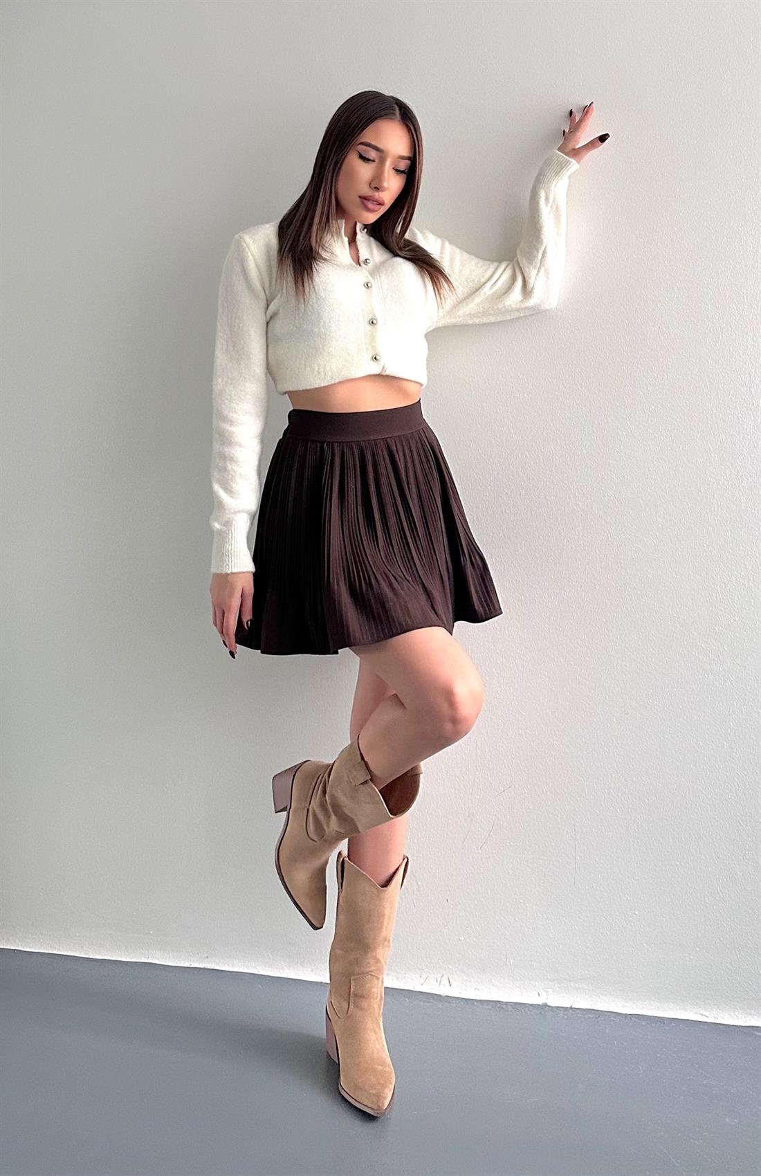 Pile Detaylı Etek KAHVERENGİ