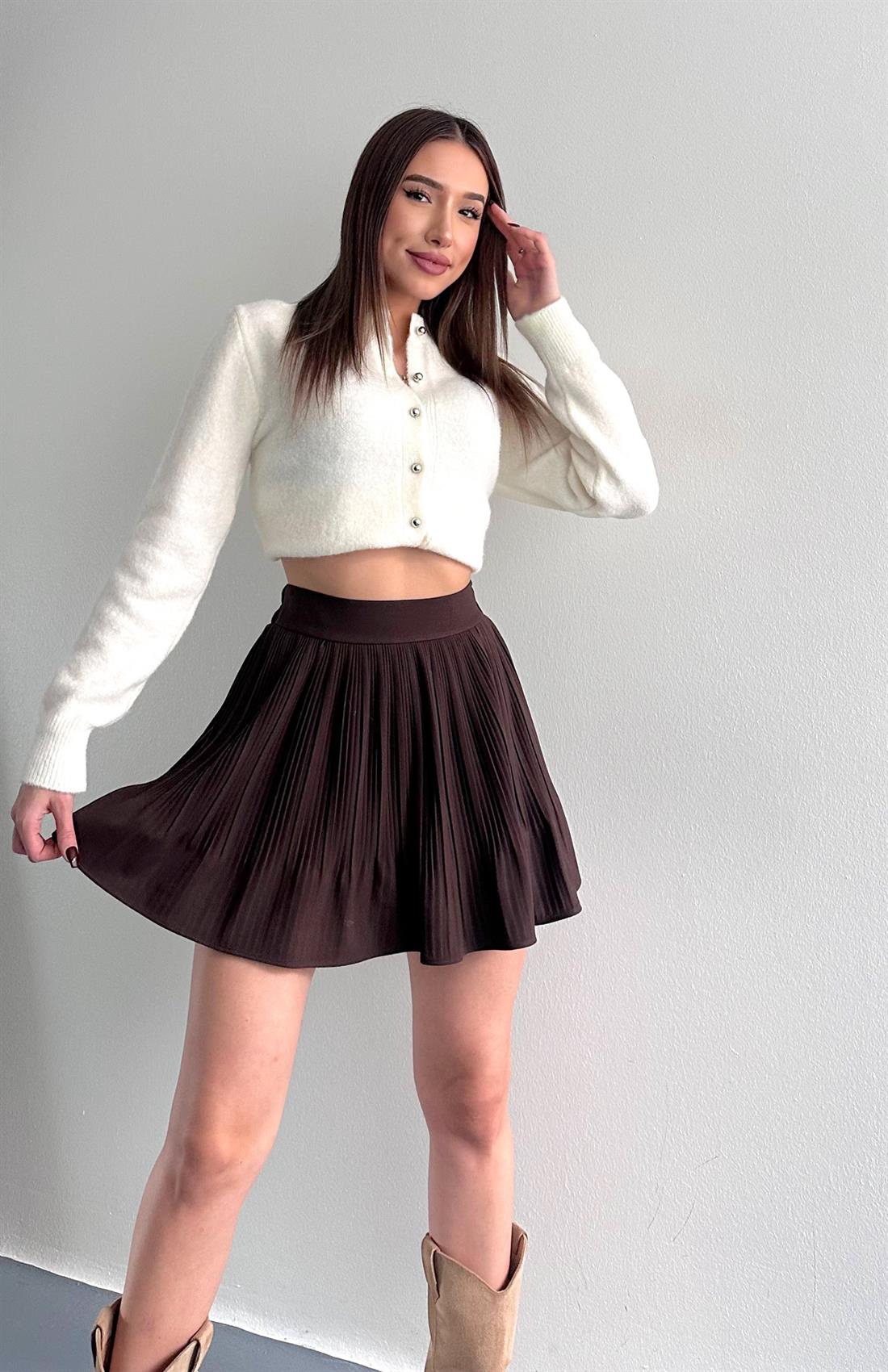 Pile Detaylı Etek KAHVERENGİ