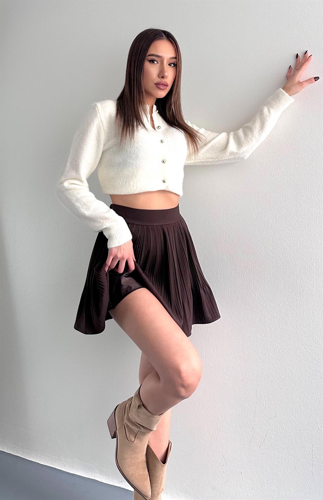 Pile Detaylı Etek KAHVERENGİ