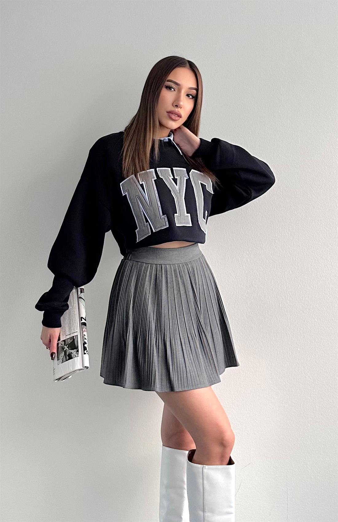 Pile Detaylı Etek KOYU GRİ