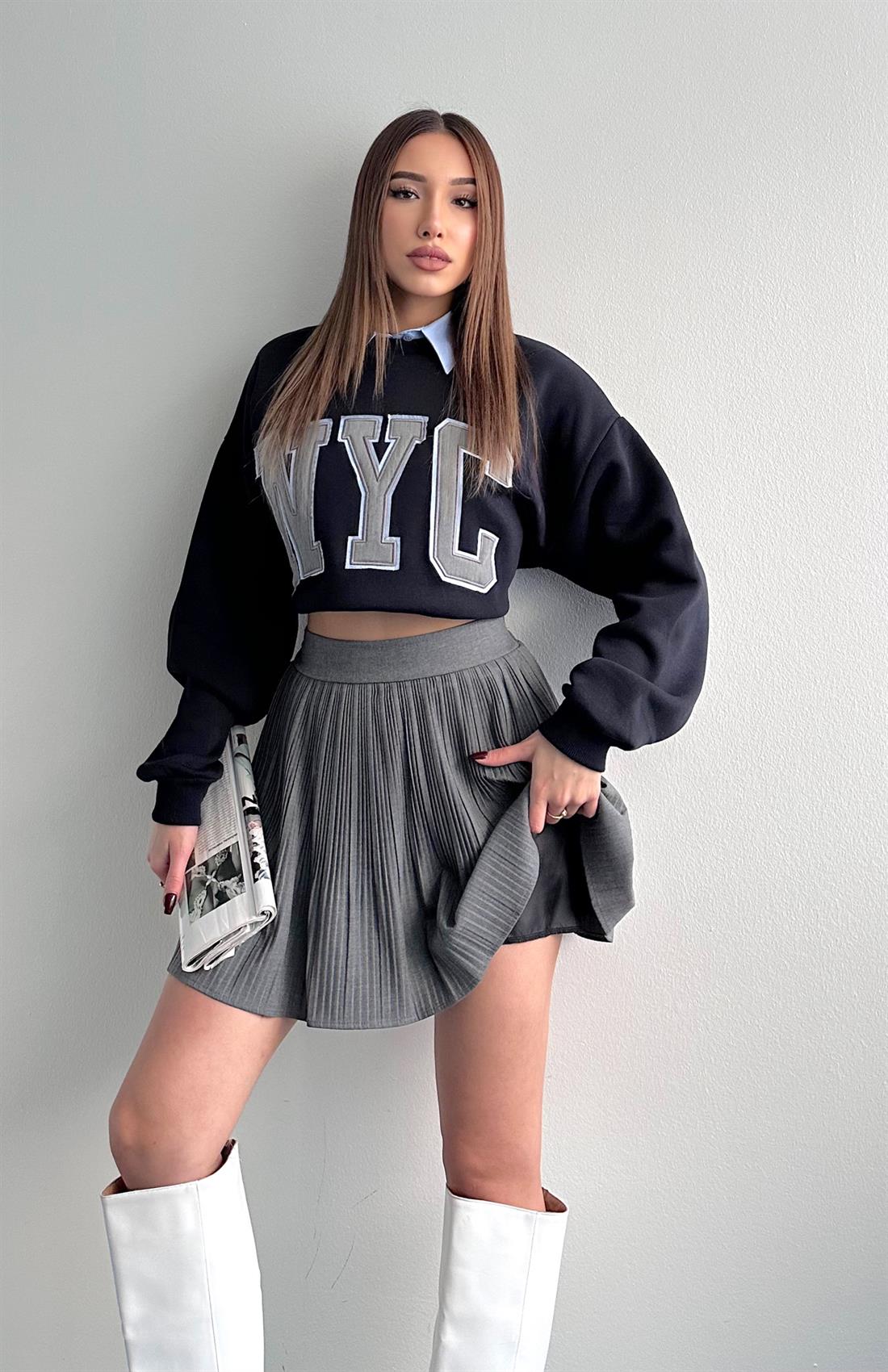 Pile Detaylı Etek KOYU GRİ