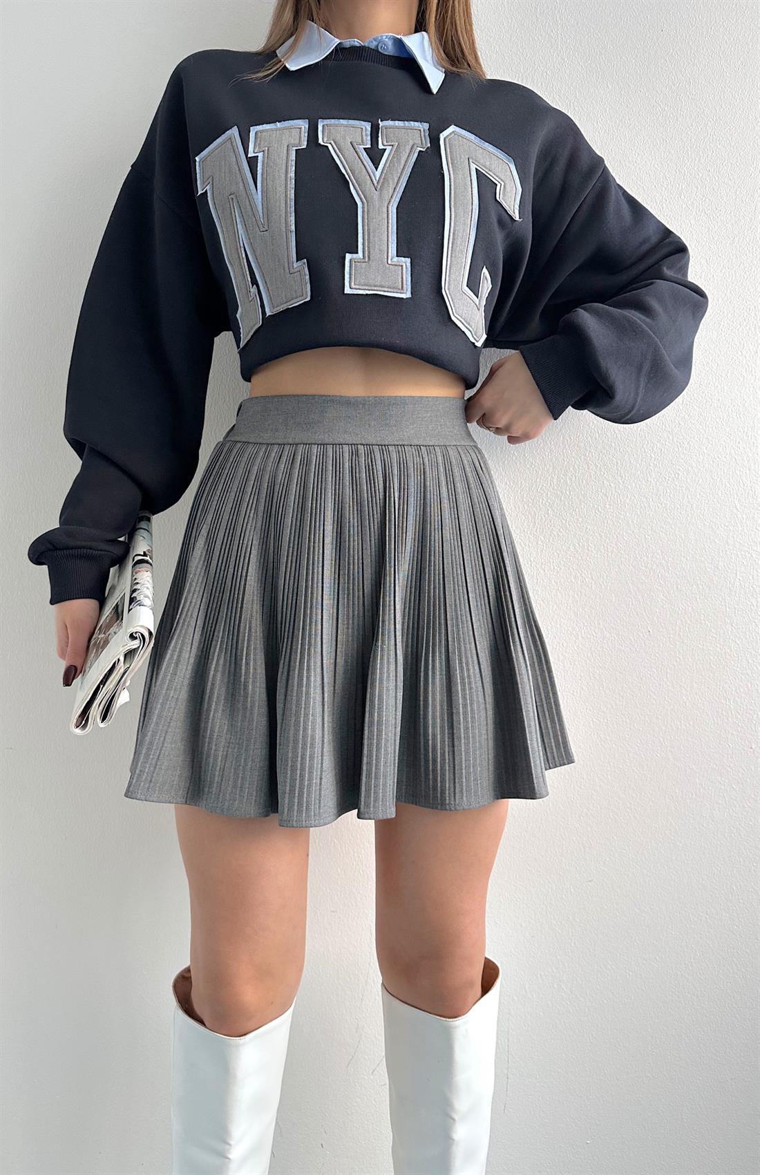 Pile Detaylı Etek KOYU GRİ