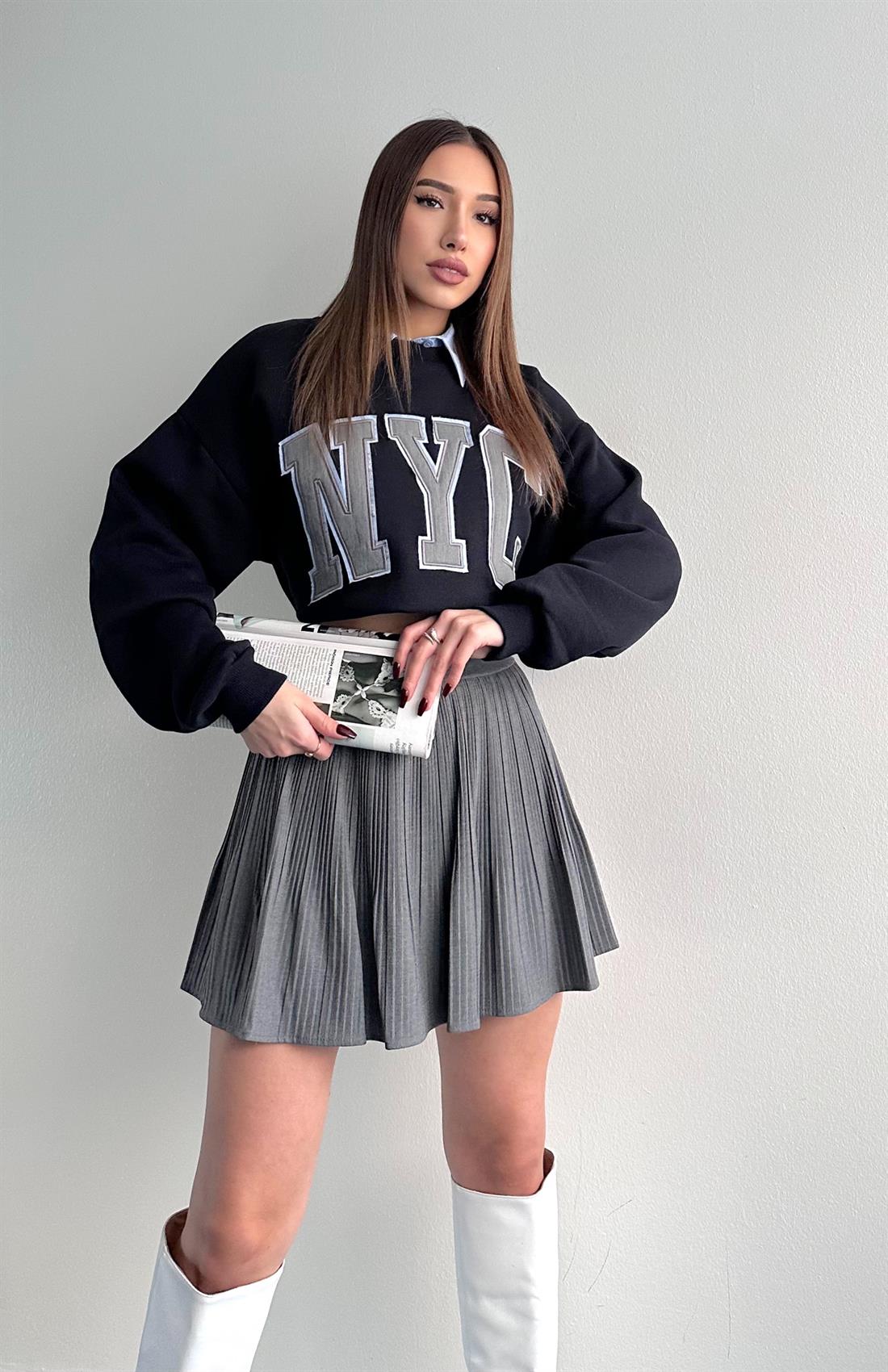 Pile Detaylı Etek KOYU GRİ