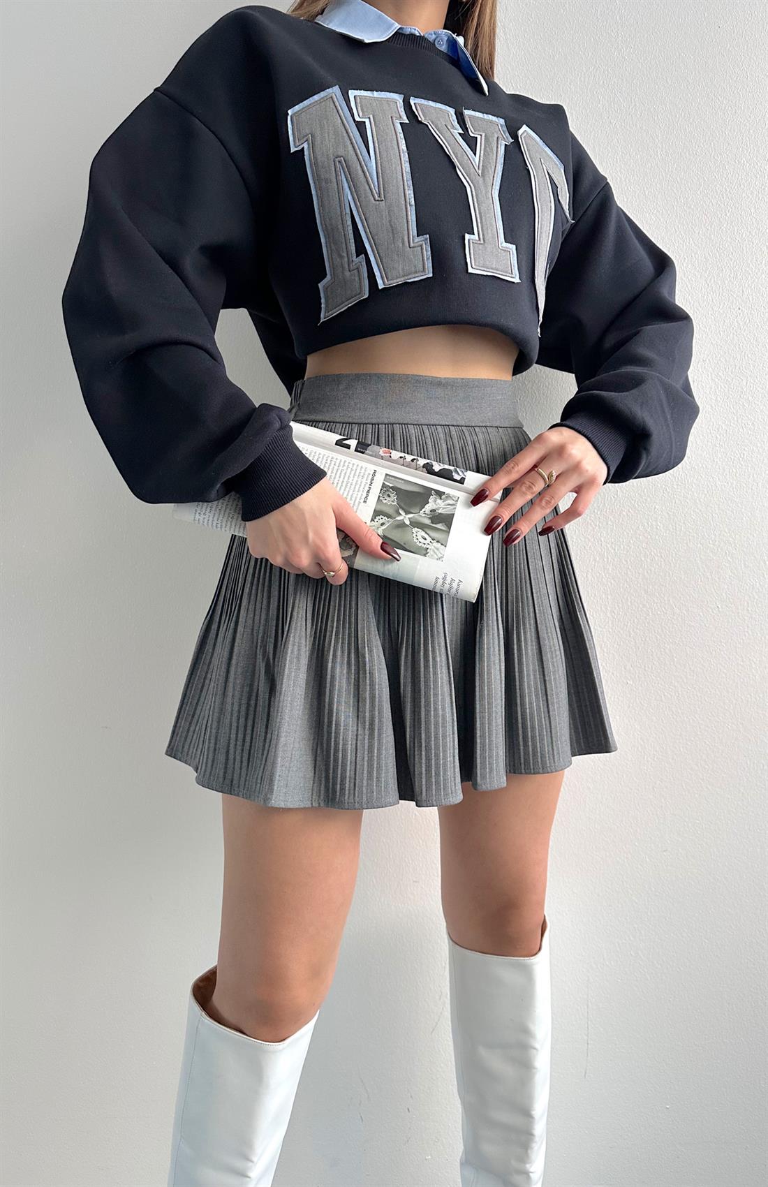 Pile Detaylı Etek KOYU GRİ