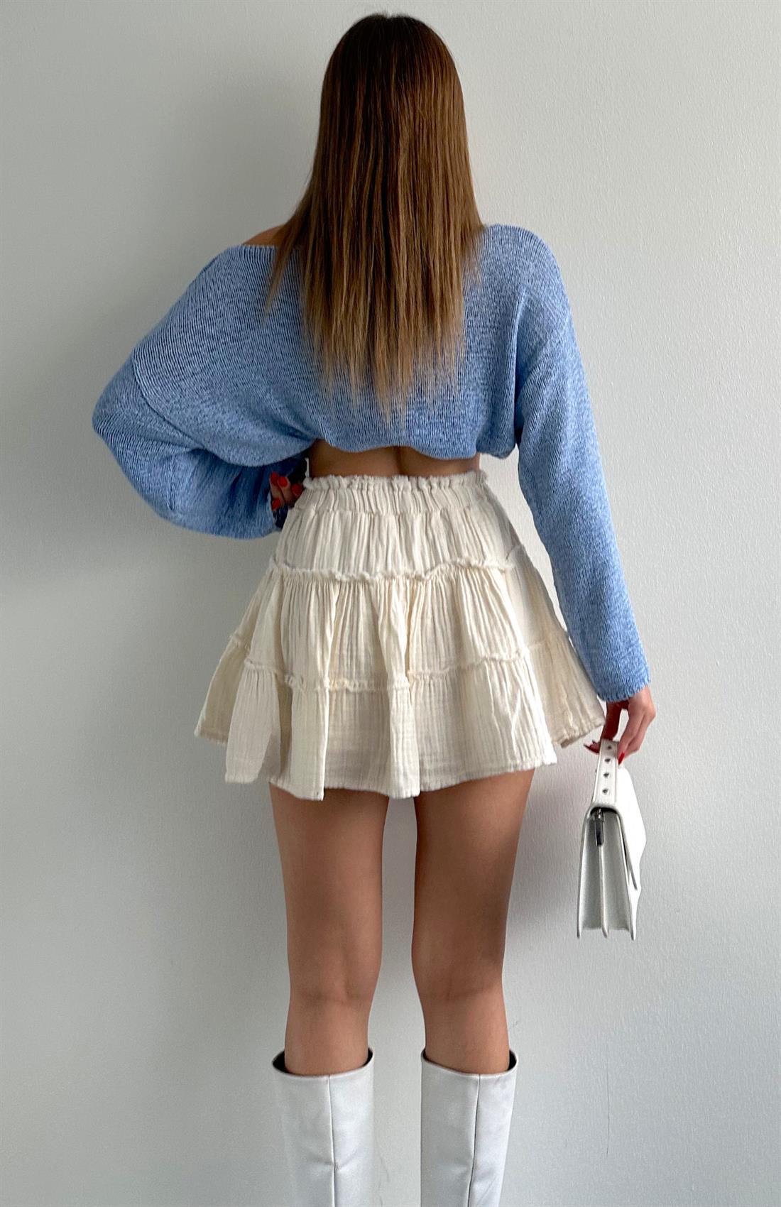 Pis Dikişli Muslin Şort Etek HAM EKRU