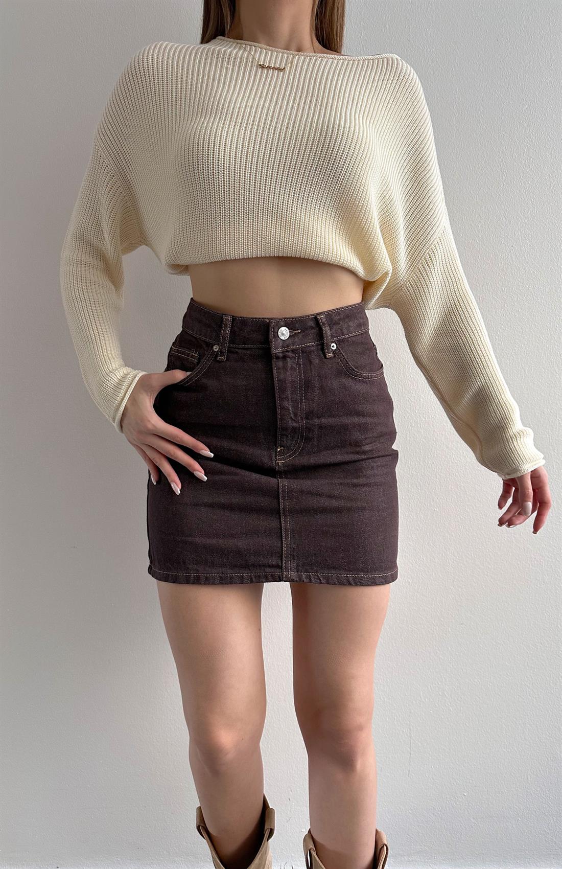 Renkli Denim Mini Etek KAHVERENGİ