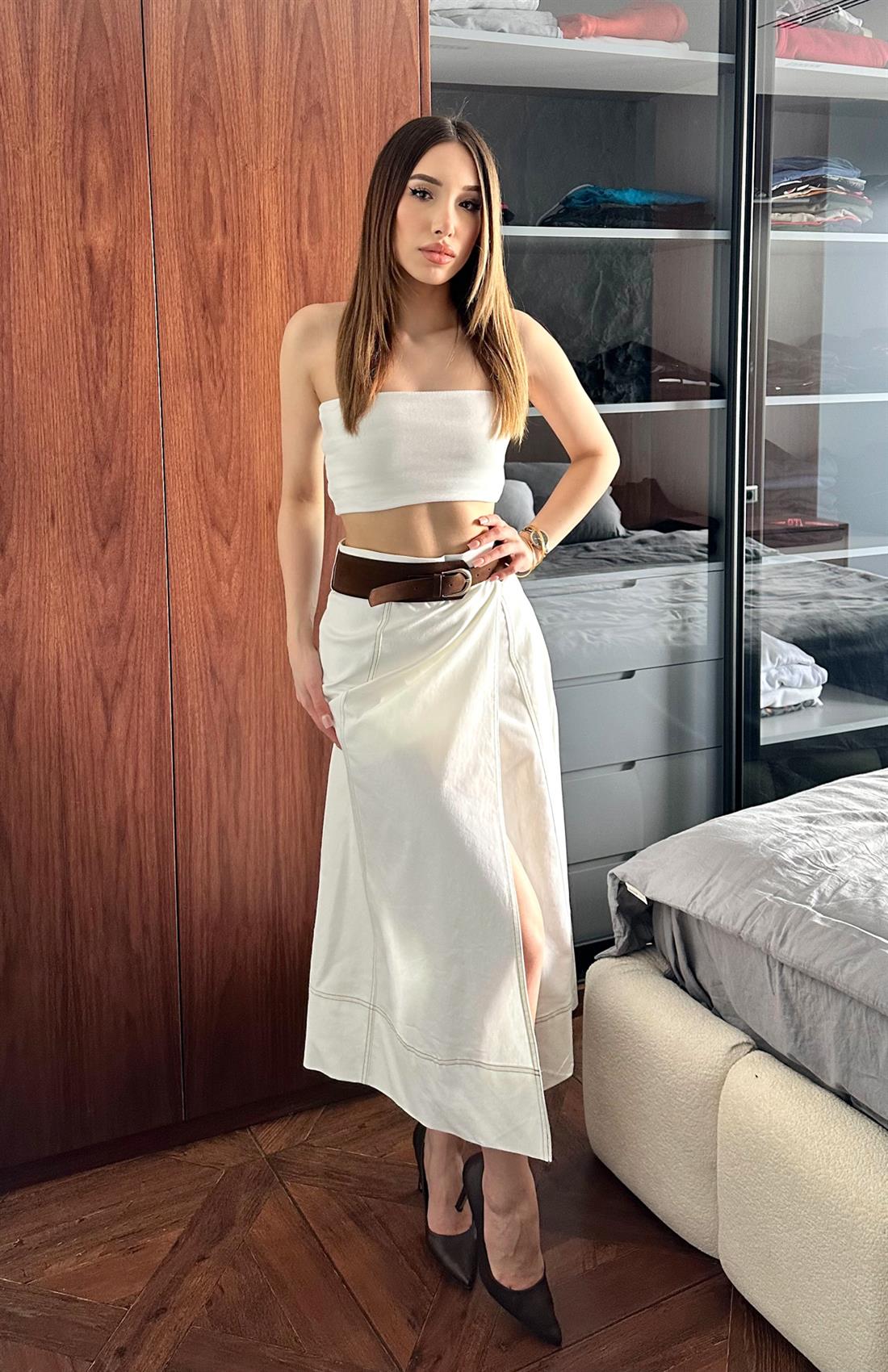 Sus Dikişli İçi Şortlu Uzun Etek BEYAZ