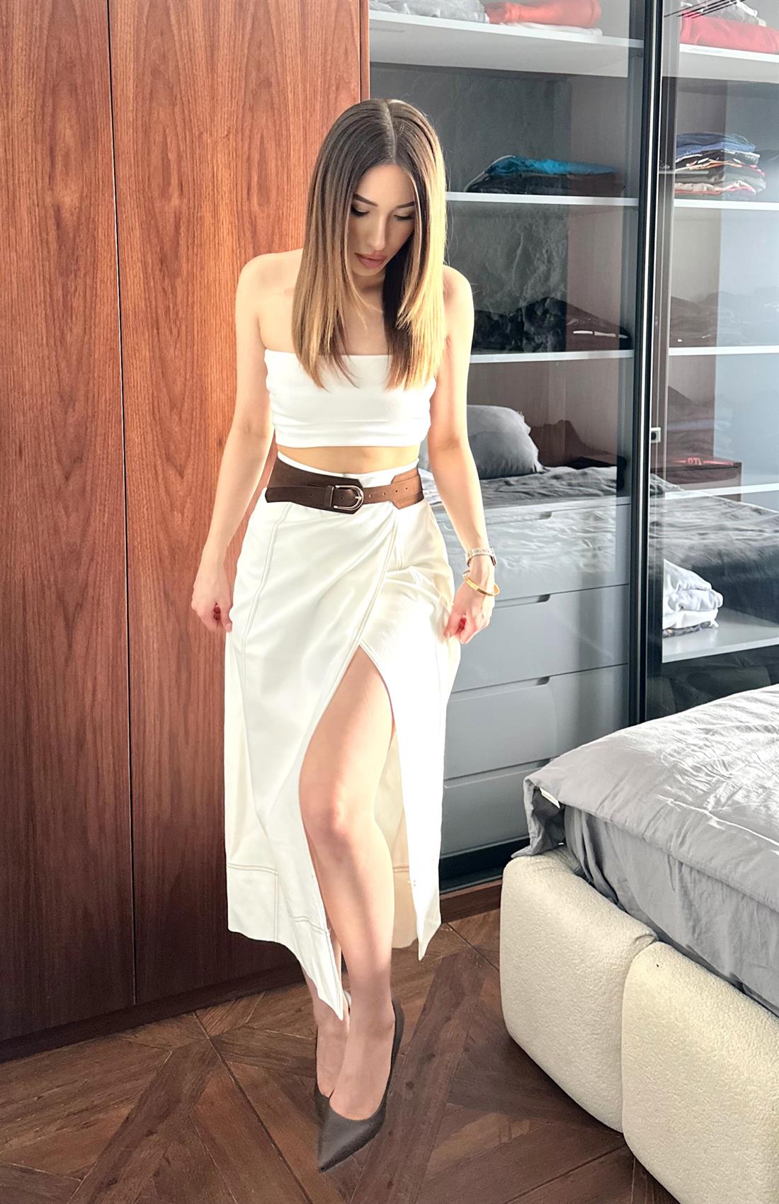 Sus Dikişli İçi Şortlu Uzun Etek BEYAZ