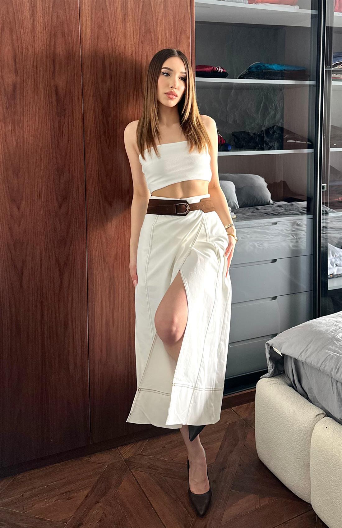 Sus Dikişli İçi Şortlu Uzun Etek BEYAZ