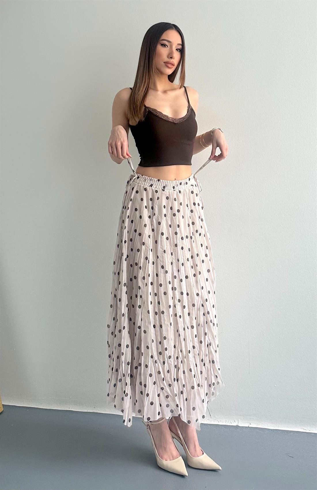 Uzun Puantiyeli Etek BEJ