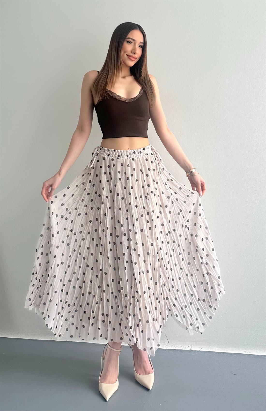 Uzun Puantiyeli Etek BEJ