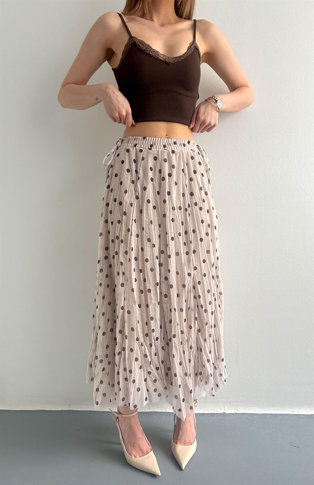 Uzun Puantiyeli Etek BEJ