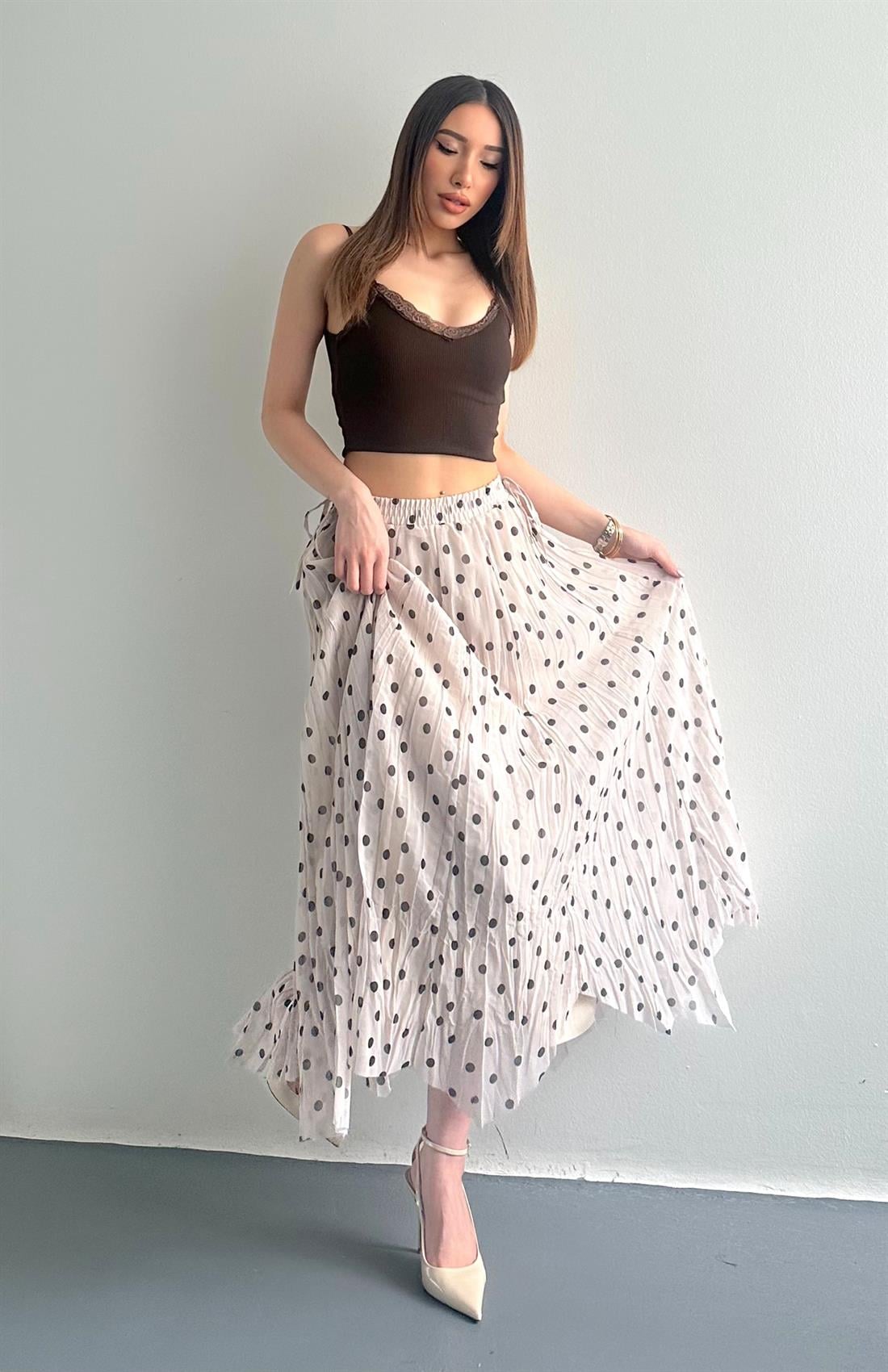 Uzun Puantiyeli Etek BEJ