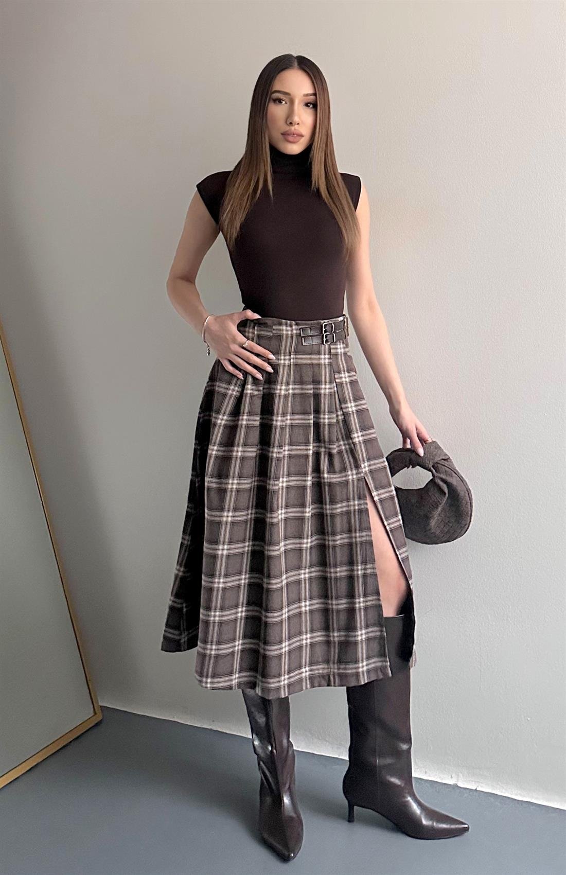 Yırtmaçlı Ekose Etek A.KAHVE