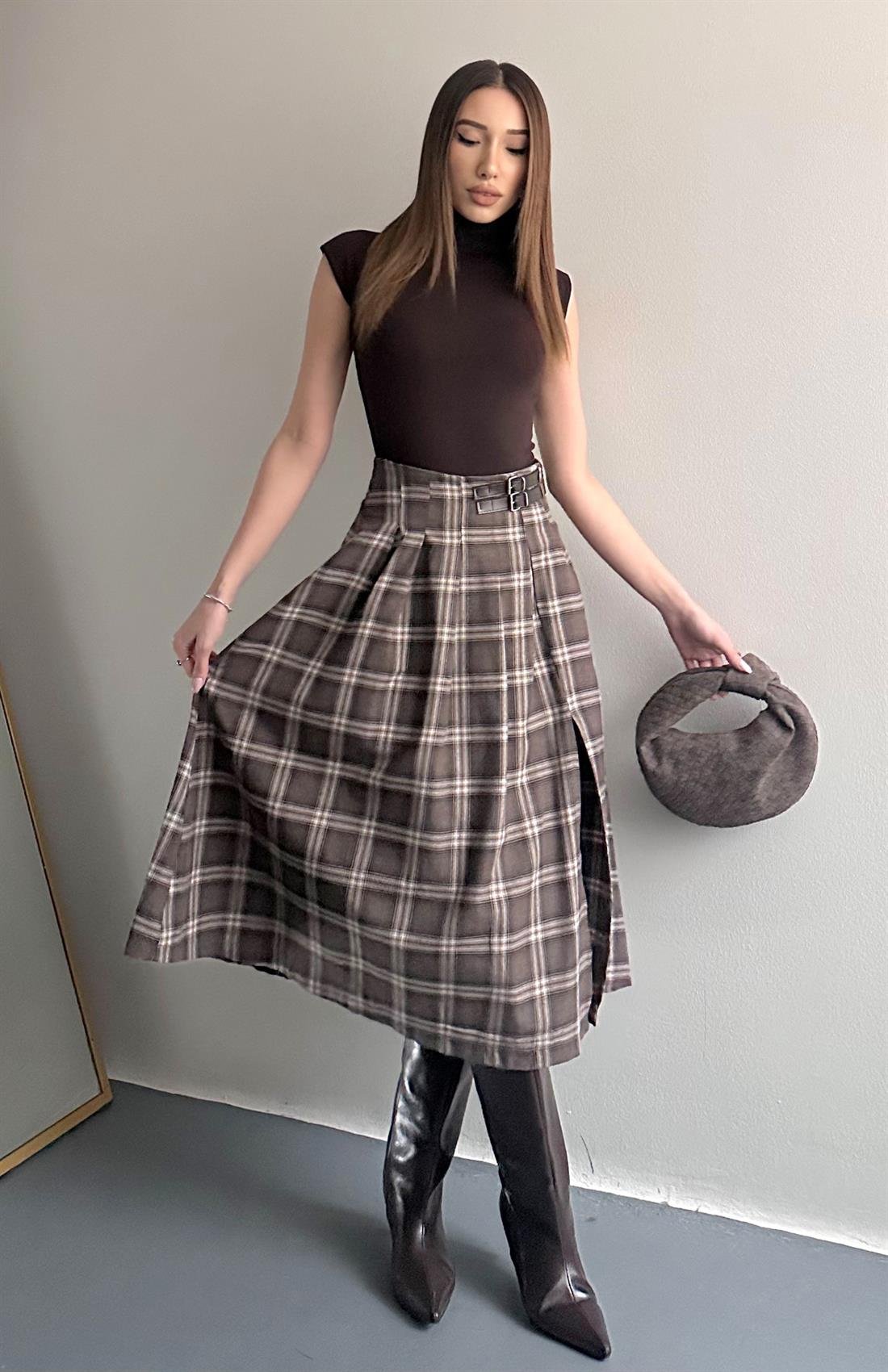 Yırtmaçlı Ekose Etek A.KAHVE