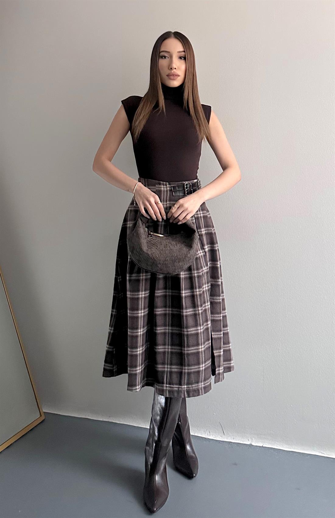 Yırtmaçlı Ekose Etek A.KAHVE