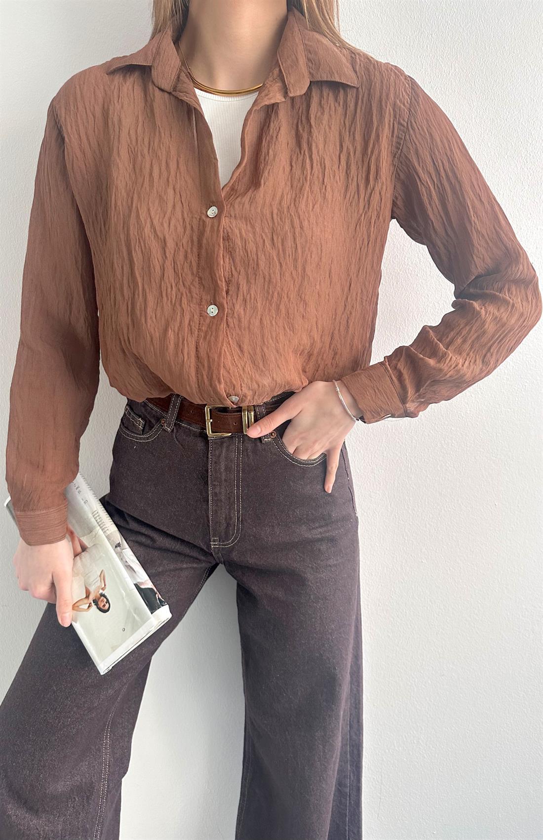 Atletli Eteği Balon Gömlek KAHVERENGİ