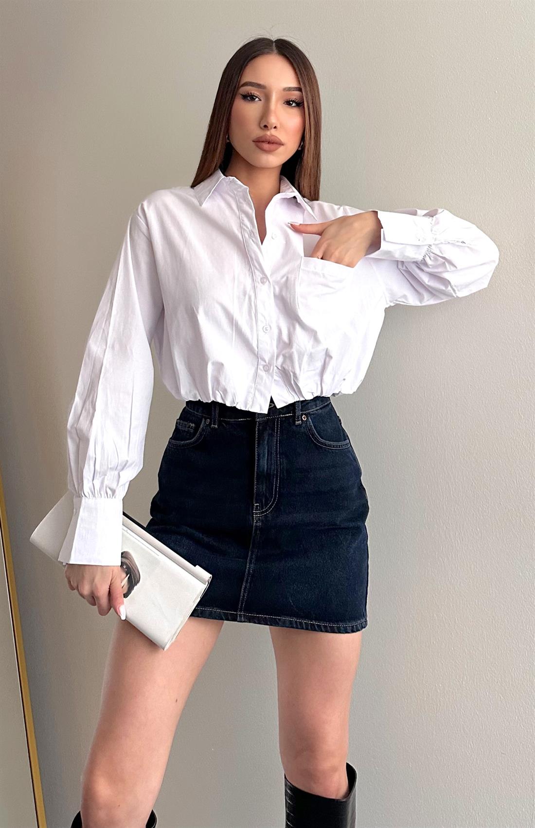 Balon Etekli Cepli Croplu Gömlek BEYAZ