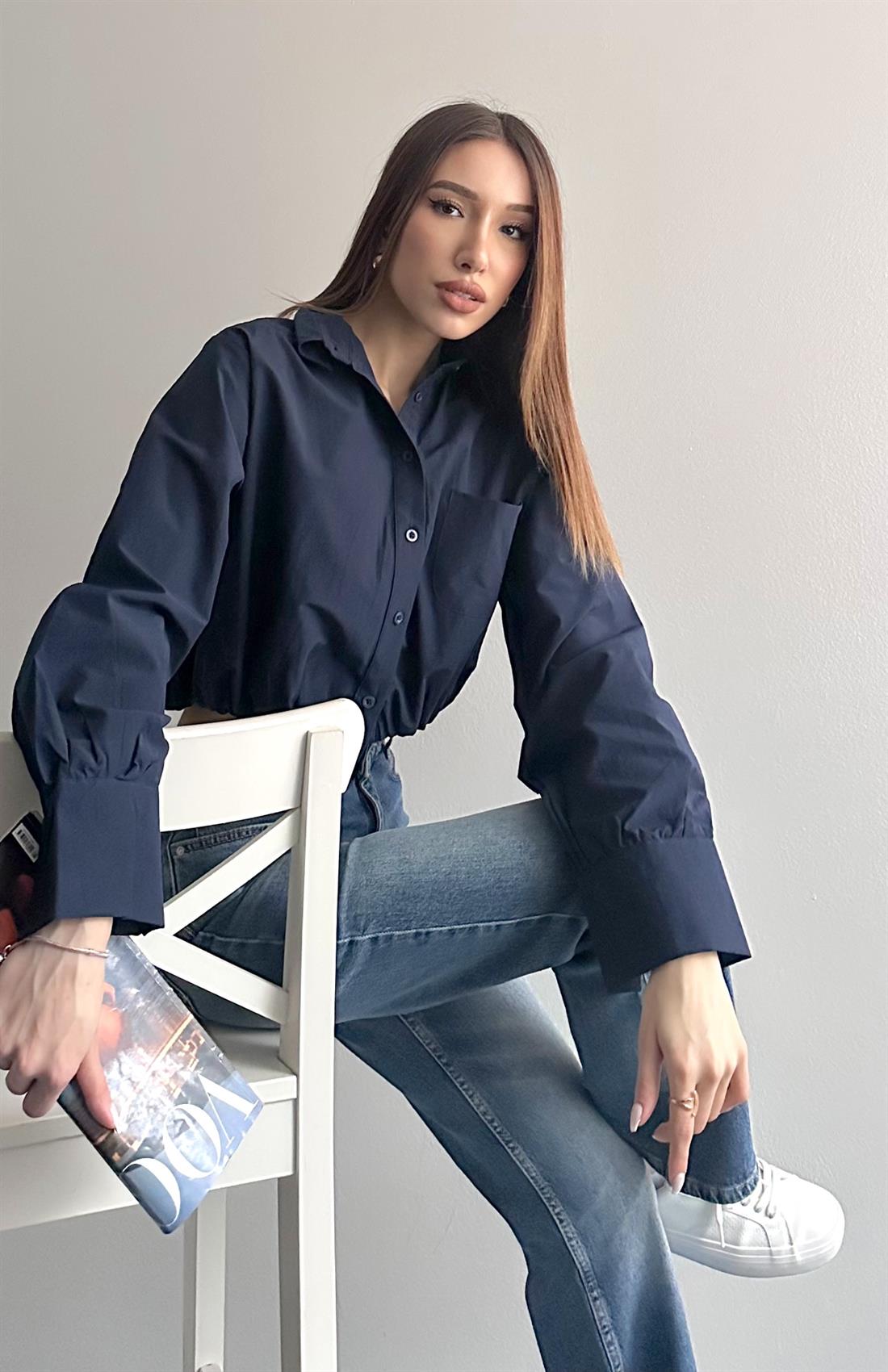 Balon Etekli Cepli Croplu Gömlek LACİVERT