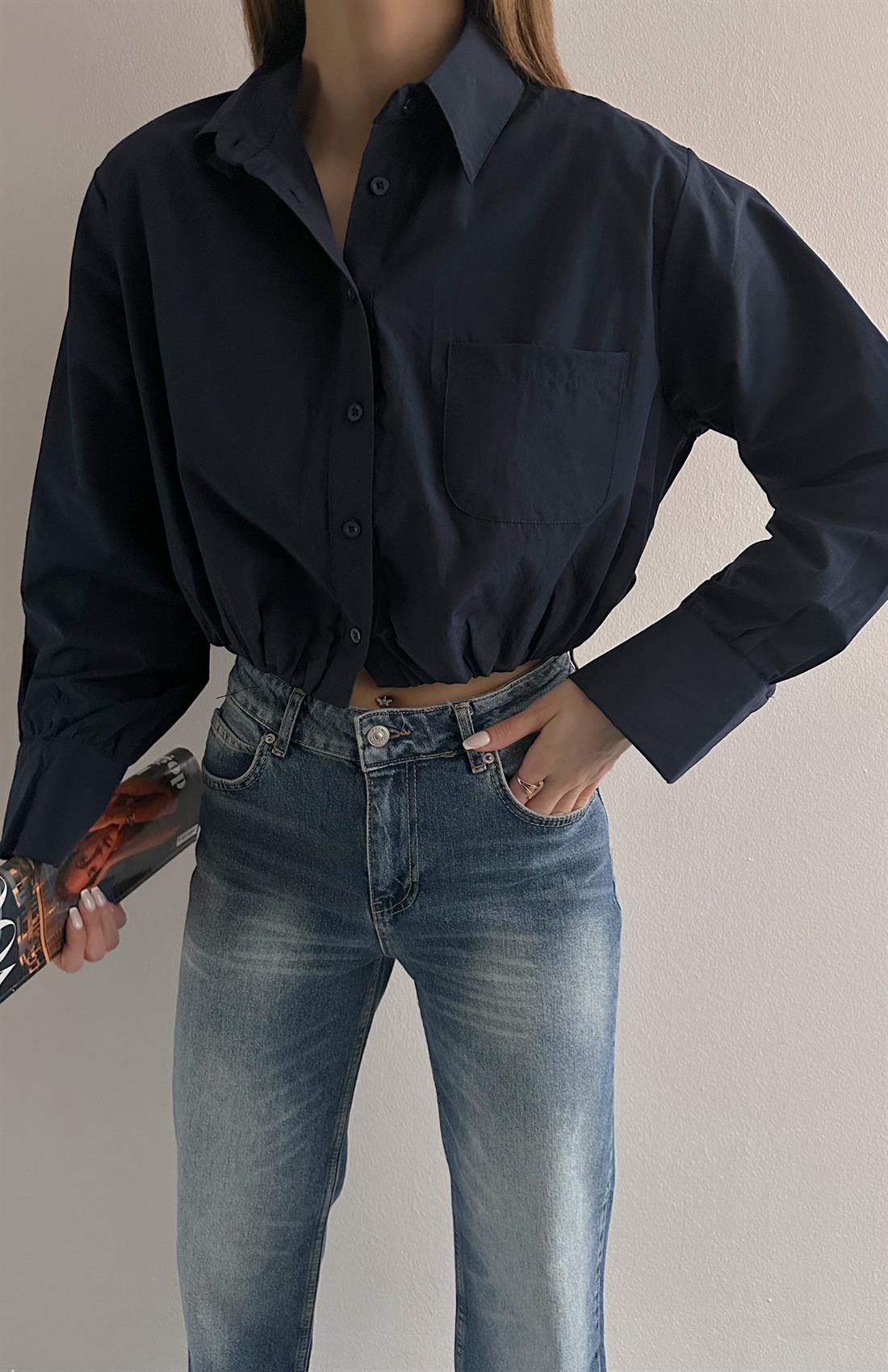 Balon Etekli Cepli Croplu Gömlek LACİVERT