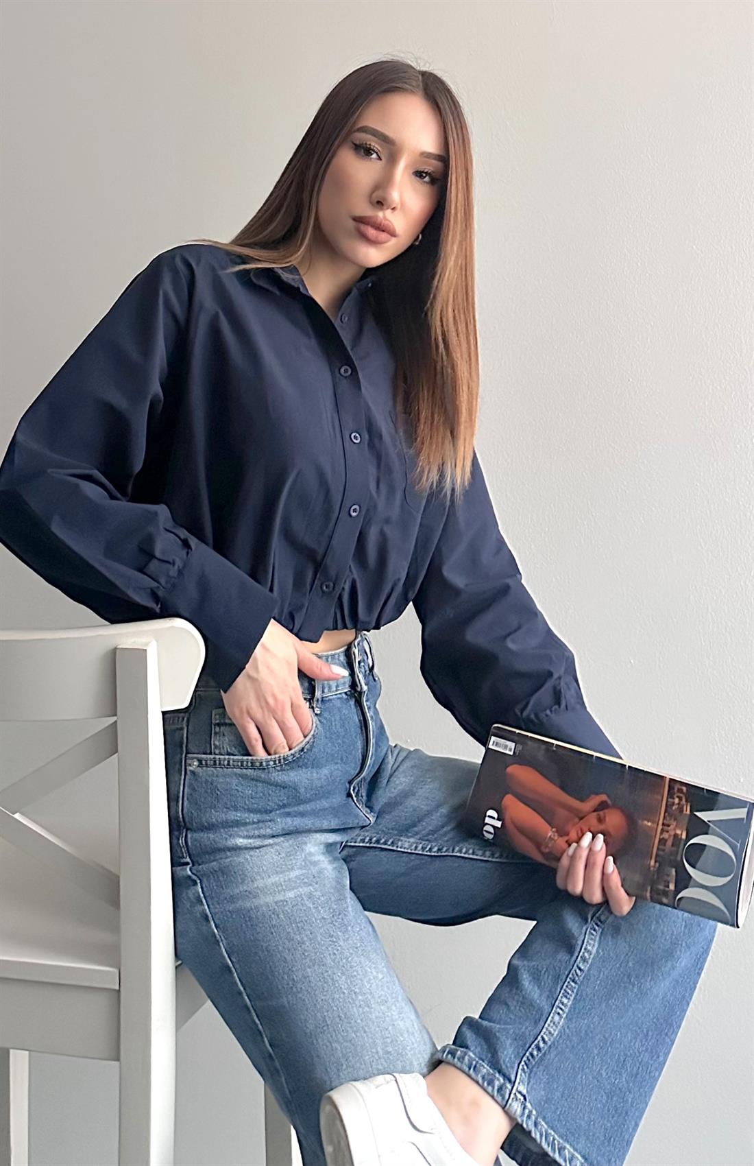 Balon Etekli Cepli Croplu Gömlek LACİVERT