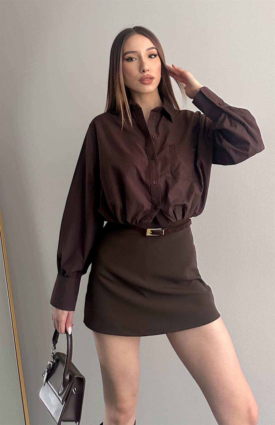 Balon Etekli Cepli Croplu Gömlek KAHVERENGİ