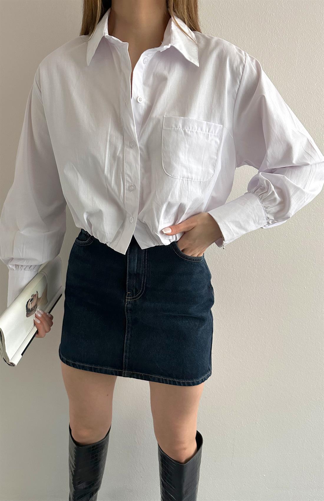 Balon Etekli Cepli Croplu Gömlek BEYAZ