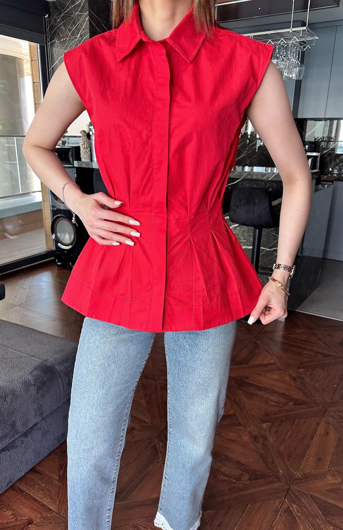 Bel Gipe Kolsuz Gömlek KIRMIZI