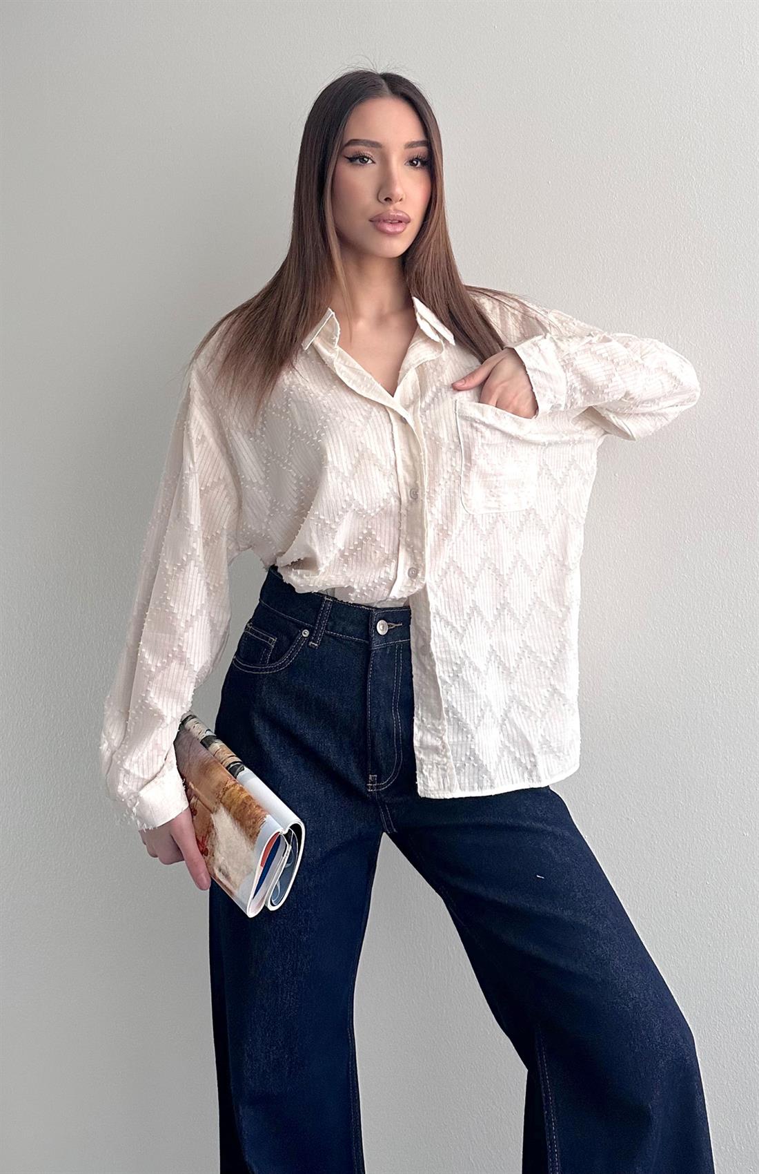 Cepli Oversize Çizgili Gömlek EKRU