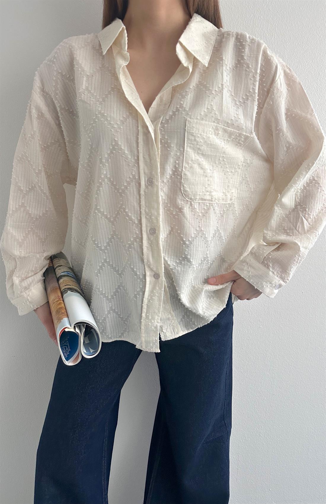 Cepli Oversize Çizgili Gömlek EKRU