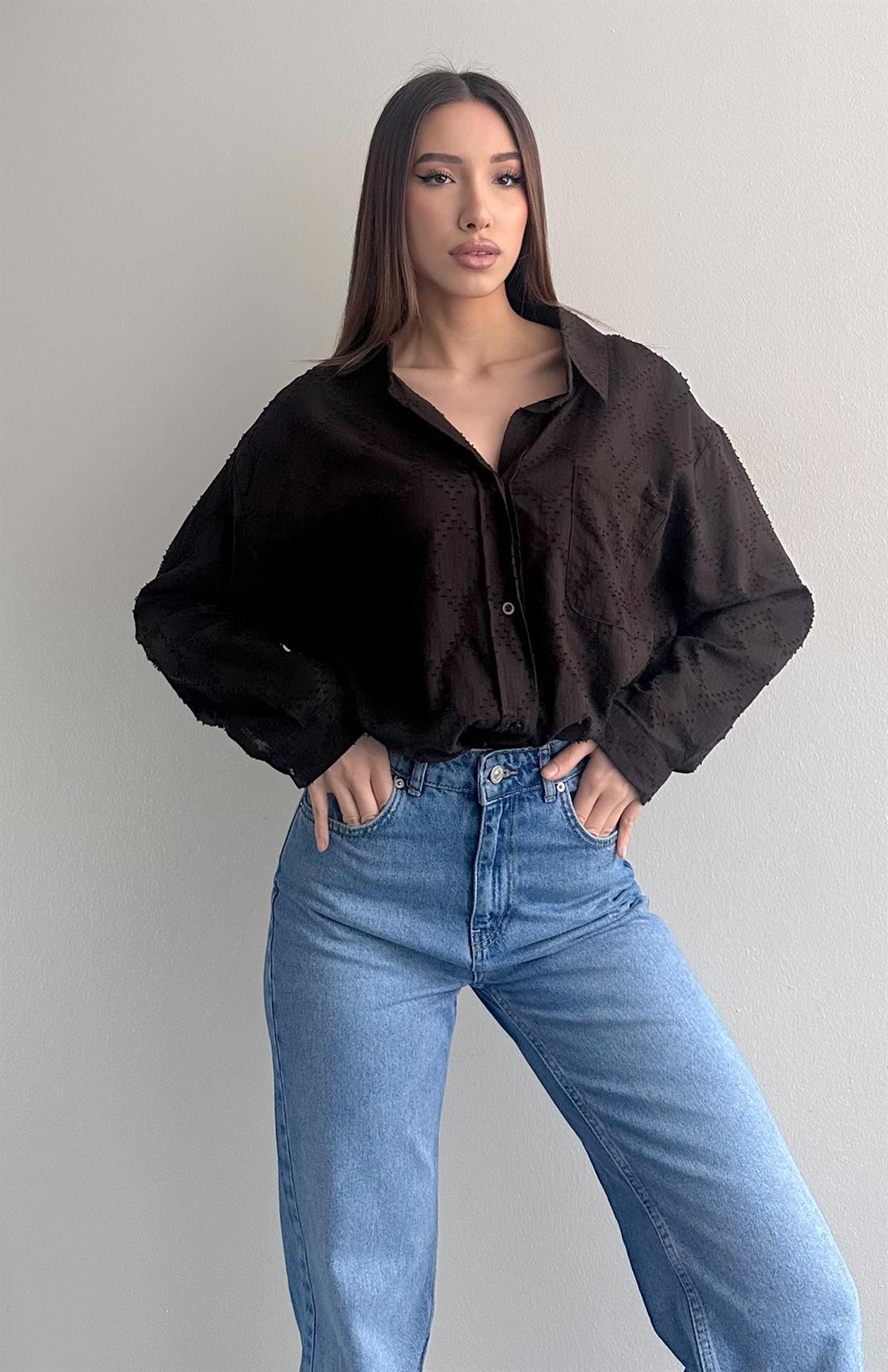 Cepli Oversize Çizgili Gömlek KAHVERENGİ