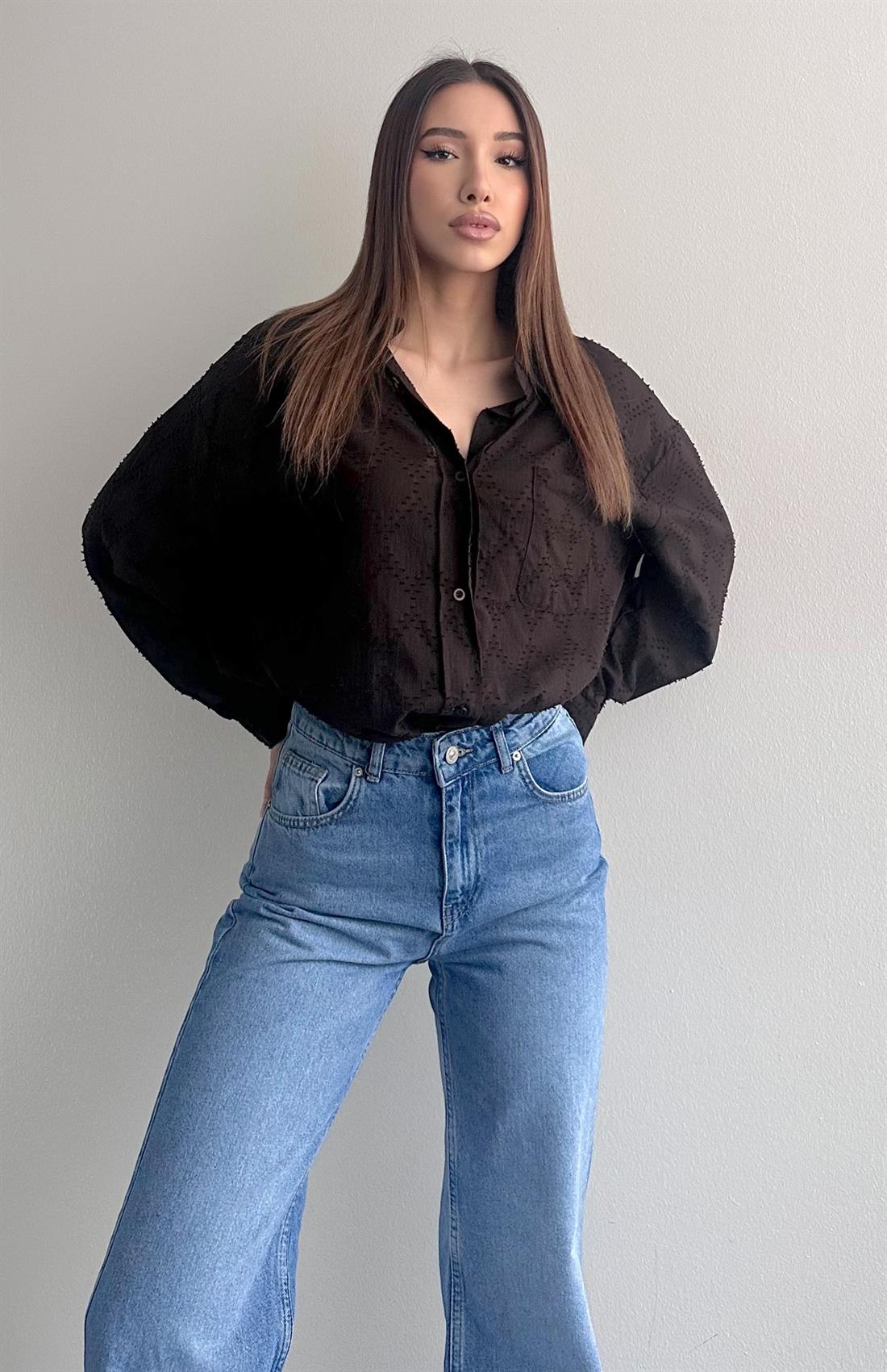 Cepli Oversize Çizgili Gömlek KAHVERENGİ