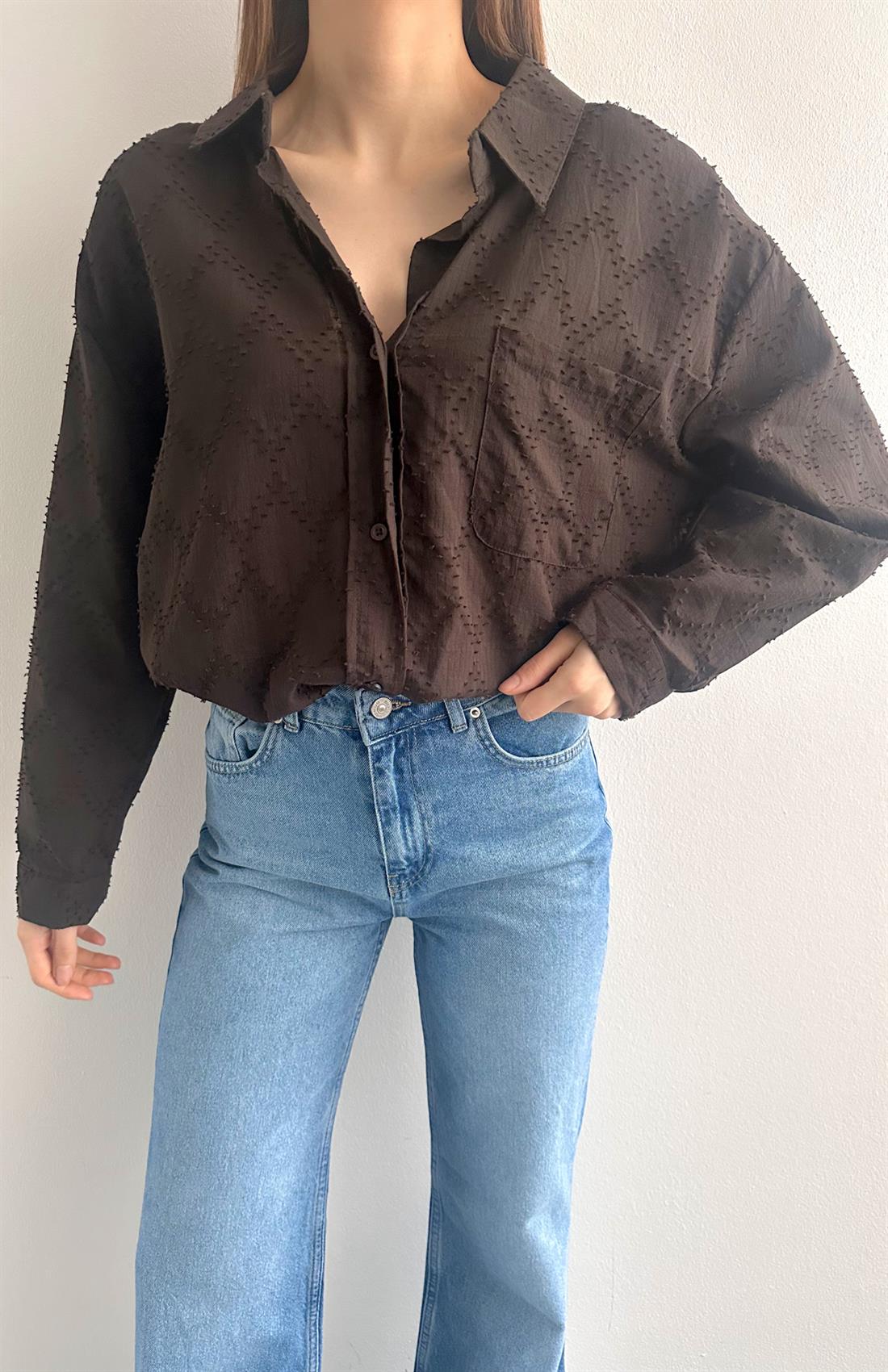 Cepli Oversize Çizgili Gömlek KAHVERENGİ