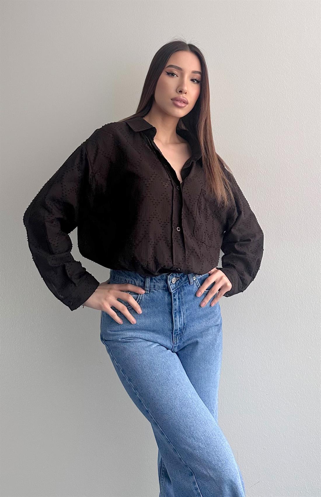 Cepli Oversize Çizgili Gömlek KAHVERENGİ